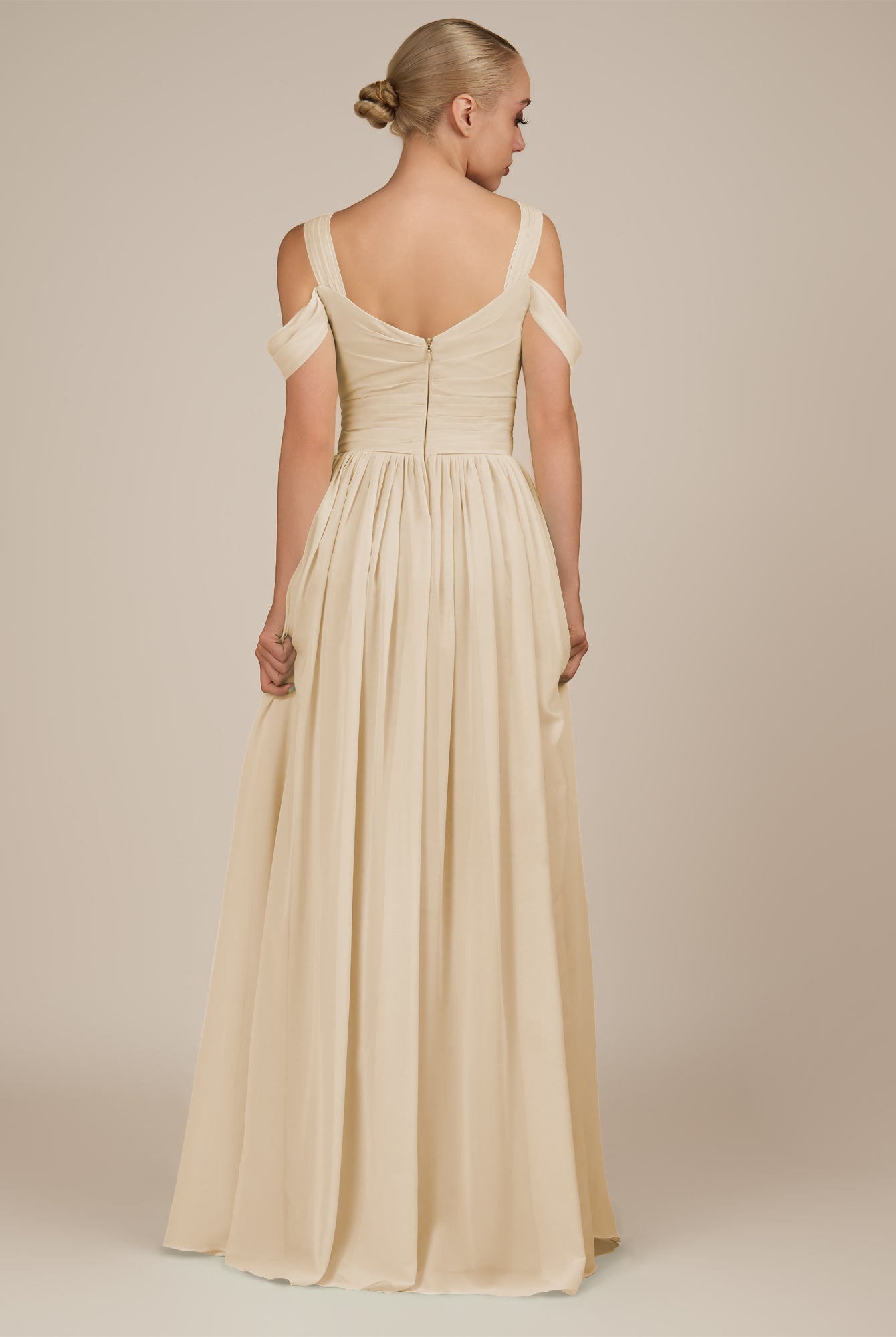 KissDress-Faye Champagne A Line Chiffon Off the Shoulder Pleated Long Bridesmaid Dress with Slit
