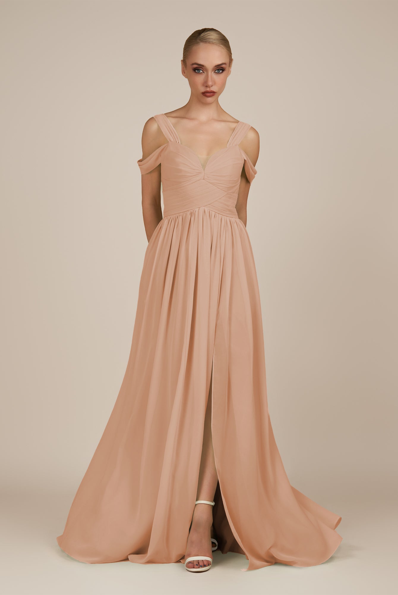 KissDress-Faye Champagne Rose A Line Chiffon Off the Shoulder Pleated Long Bridesmaid Dress with Slit