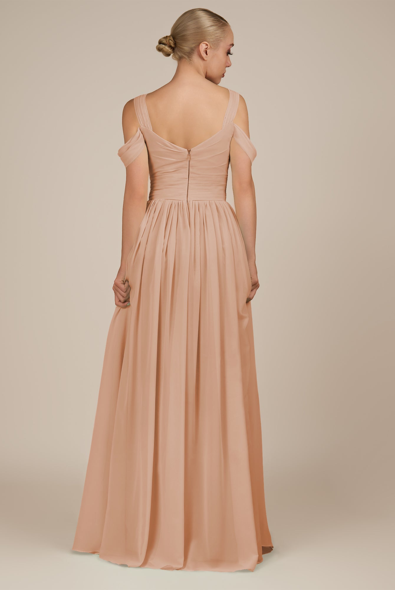 KissDress-Faye Champagne Rose A Line Chiffon Off the Shoulder Pleated Long Bridesmaid Dress with Slit