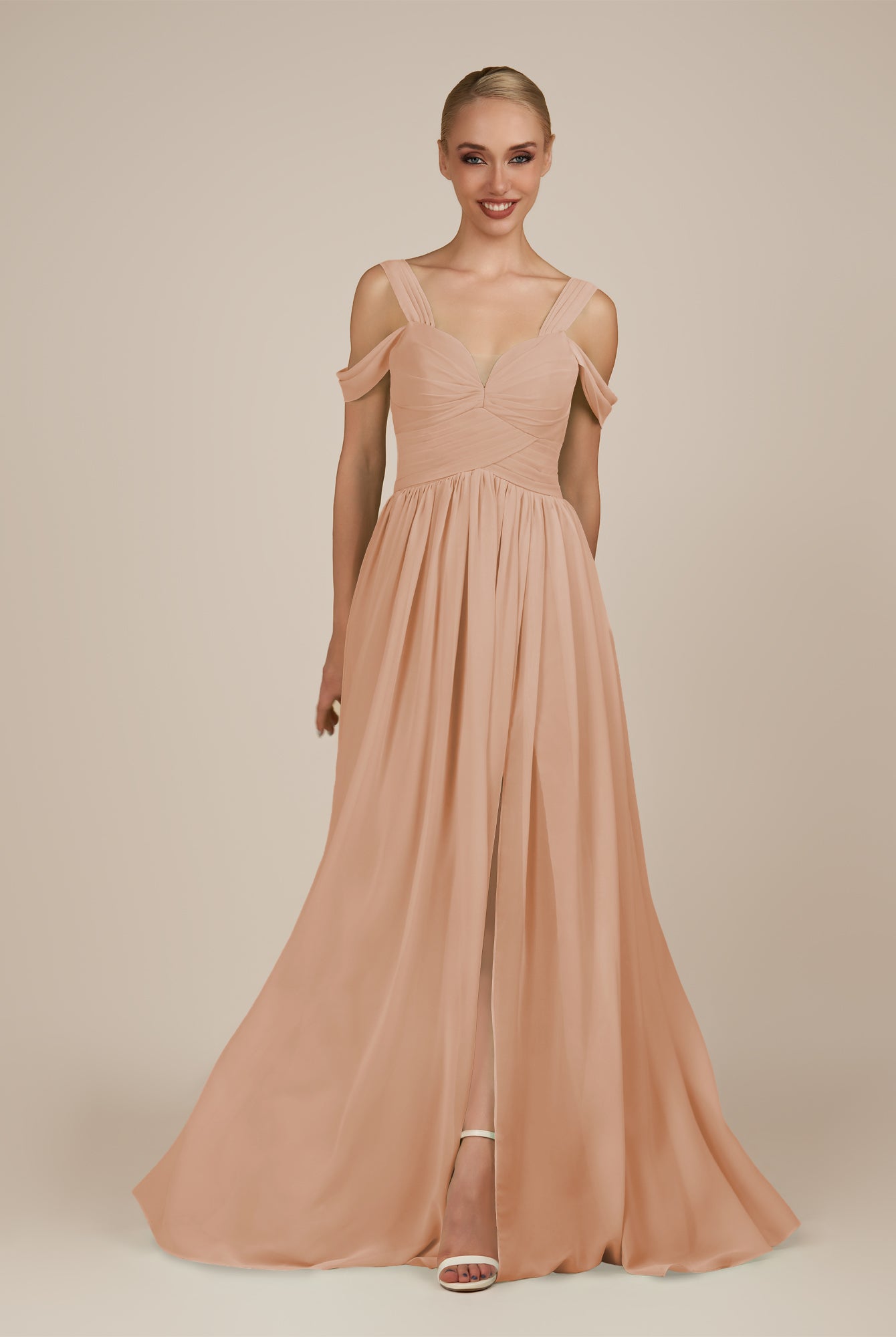 KissDress-Faye Champagne Rose A Line Chiffon Off the Shoulder Pleated Long Bridesmaid Dress with Slit