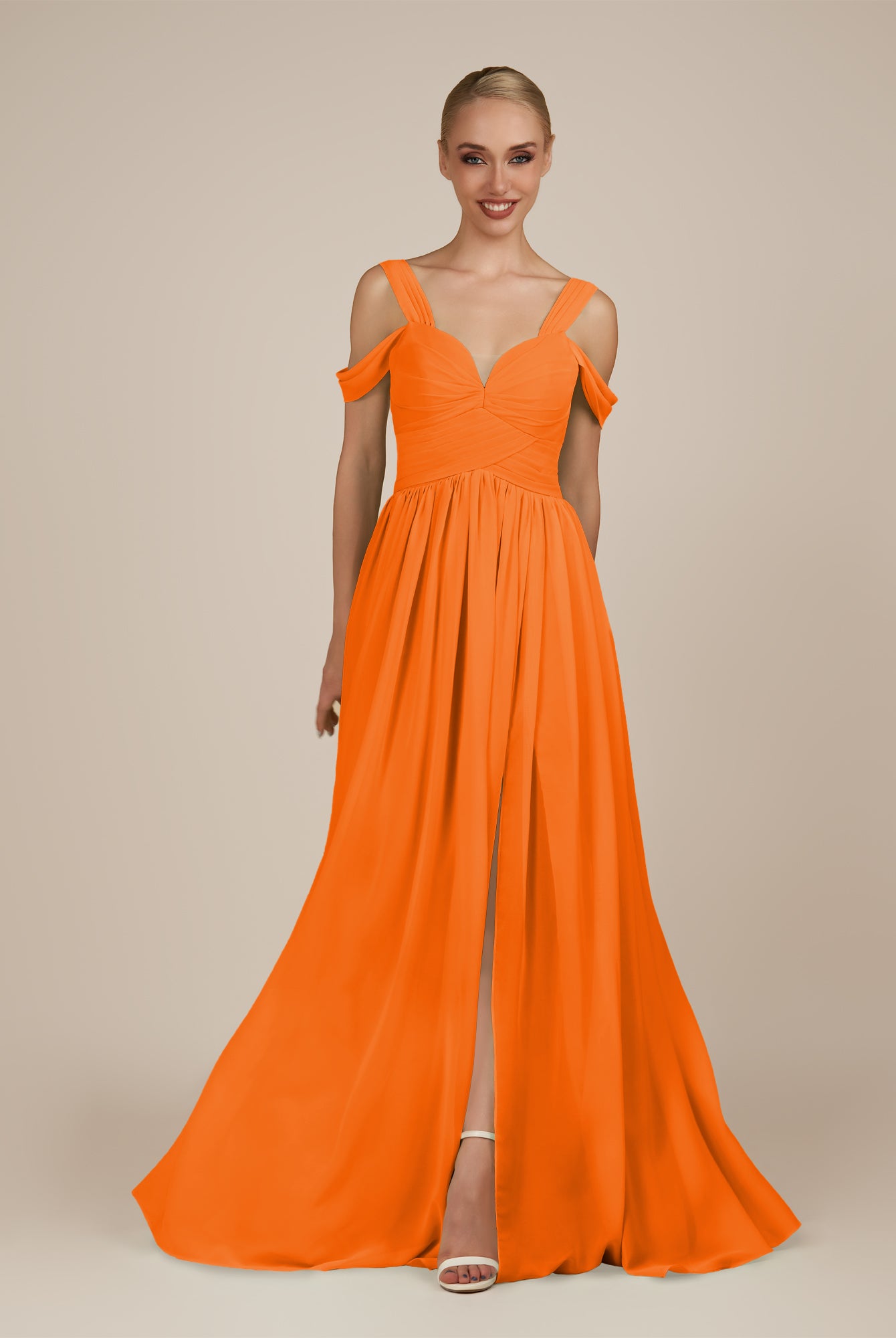 KissDress-Faye Cinnamon A Line Chiffon Off the Shoulder Pleated Long Bridesmaid Dress with Slit