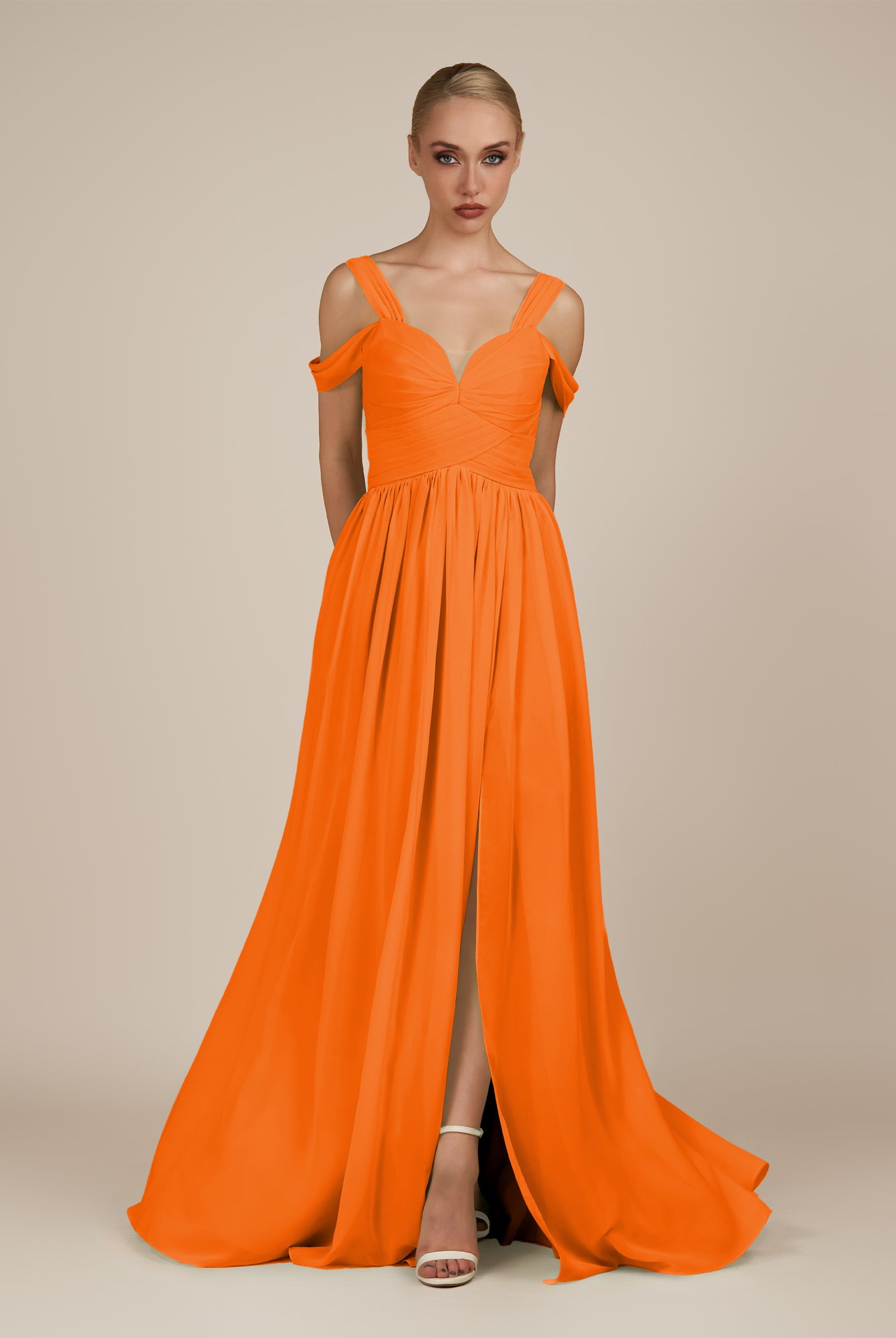 KissDress-Faye Cinnamon A Line Chiffon Off the Shoulder Pleated Long Bridesmaid Dress with Slit
