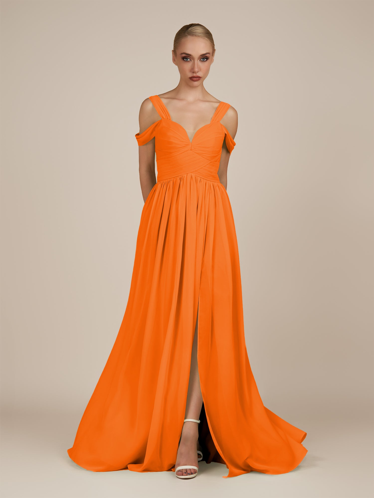 KissDress-Faye Cinnamon A Line Chiffon Off the Shoulder Pleated Long Bridesmaid Dress with Slit