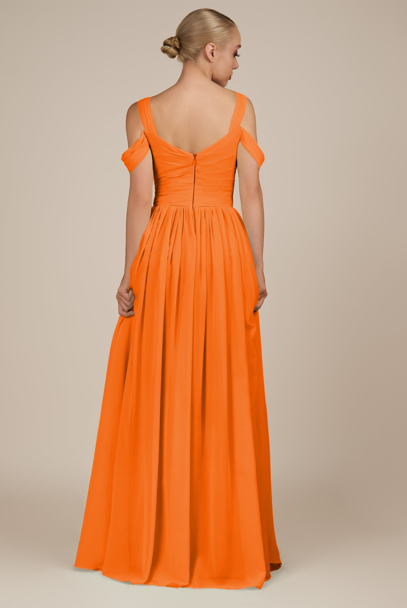 KissDress-Faye Cinnamon A Line Chiffon Off the Shoulder Pleated Long Bridesmaid Dress with Slit