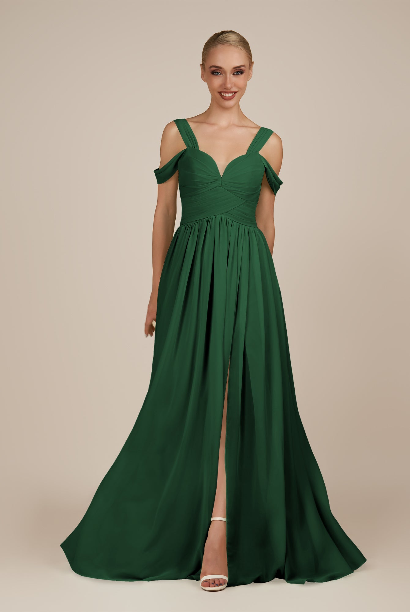 KissDress-Faye Dark Green A Line Chiffon Off the Shoulder Pleated Long Bridesmaid Dress with Slit