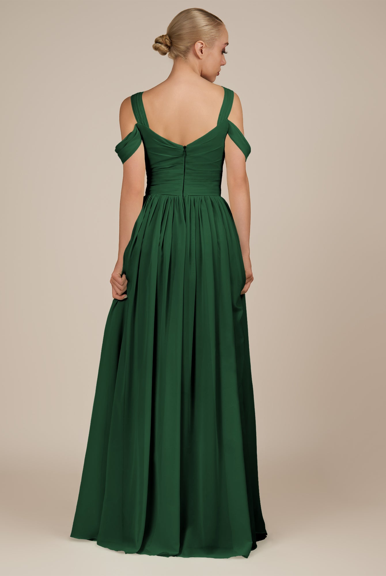 KissDress-Faye Dark Green A Line Chiffon Off the Shoulder Pleated Long Bridesmaid Dress with Slit