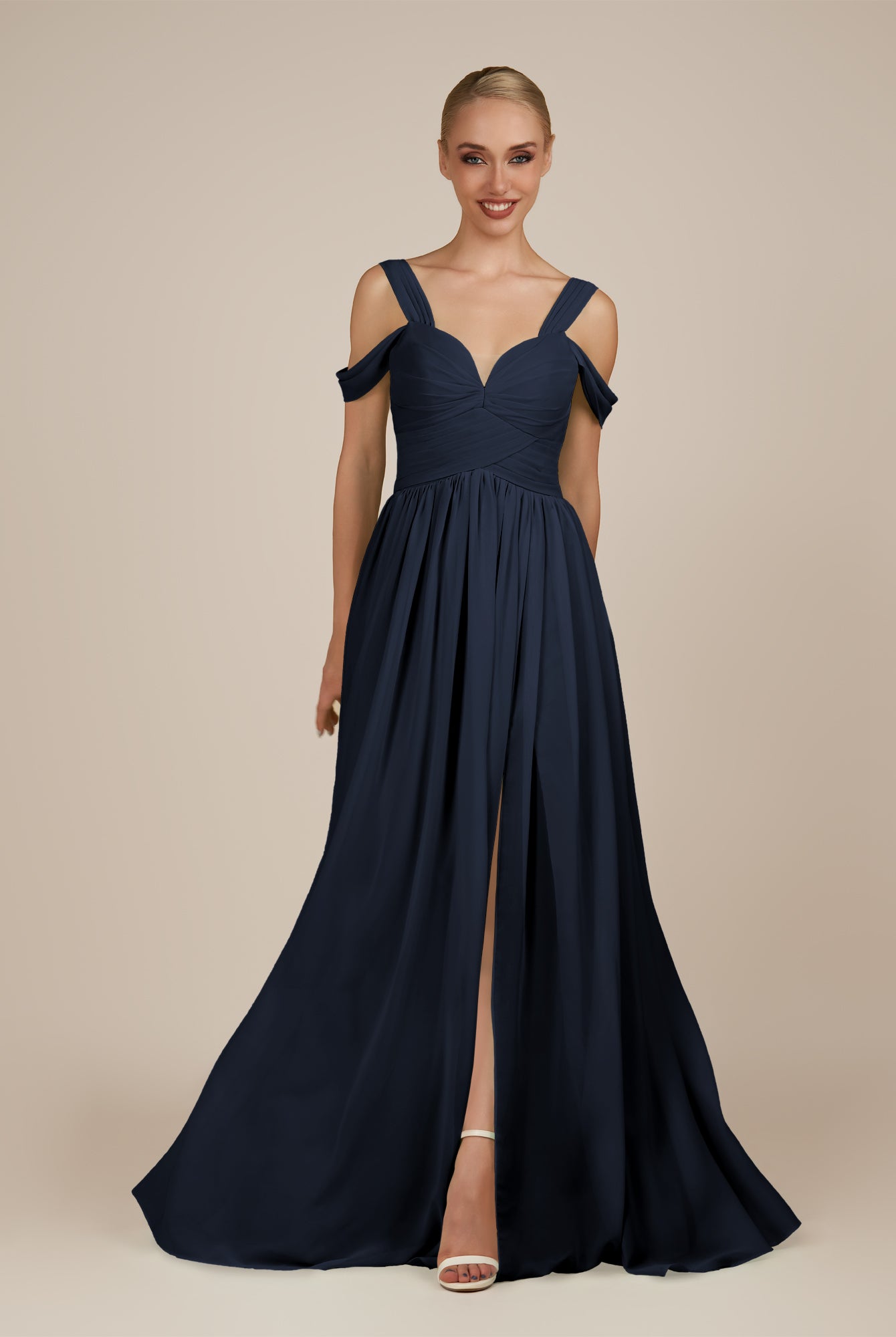 KissDress-Faye Dark Navy A Line Chiffon Off the Shoulder Pleated Long Bridesmaid Dress with Slit