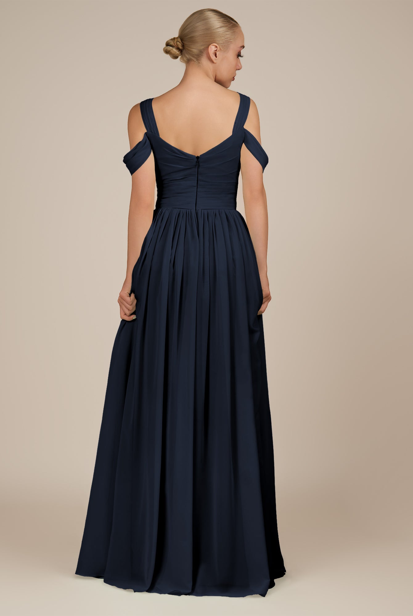 KissDress-Faye Dark Navy A Line Chiffon Off the Shoulder Pleated Long Bridesmaid Dress with Slit