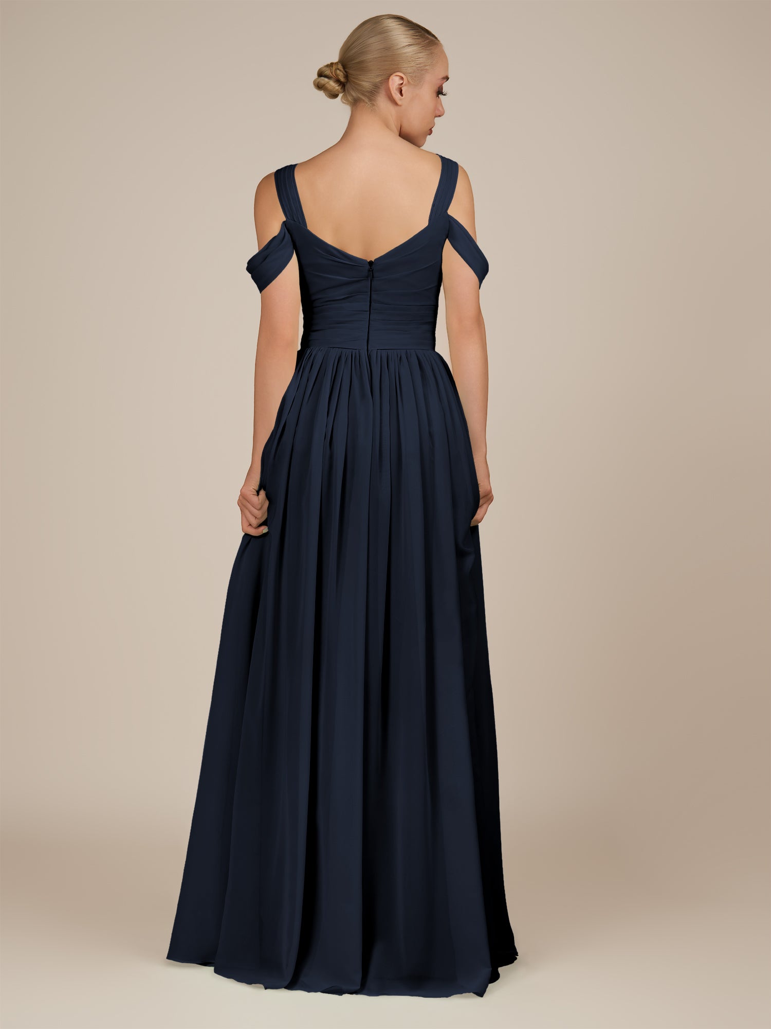 KissDress-Faye Dark Navy A Line Chiffon Off the Shoulder Pleated Long Bridesmaid Dress with Slit