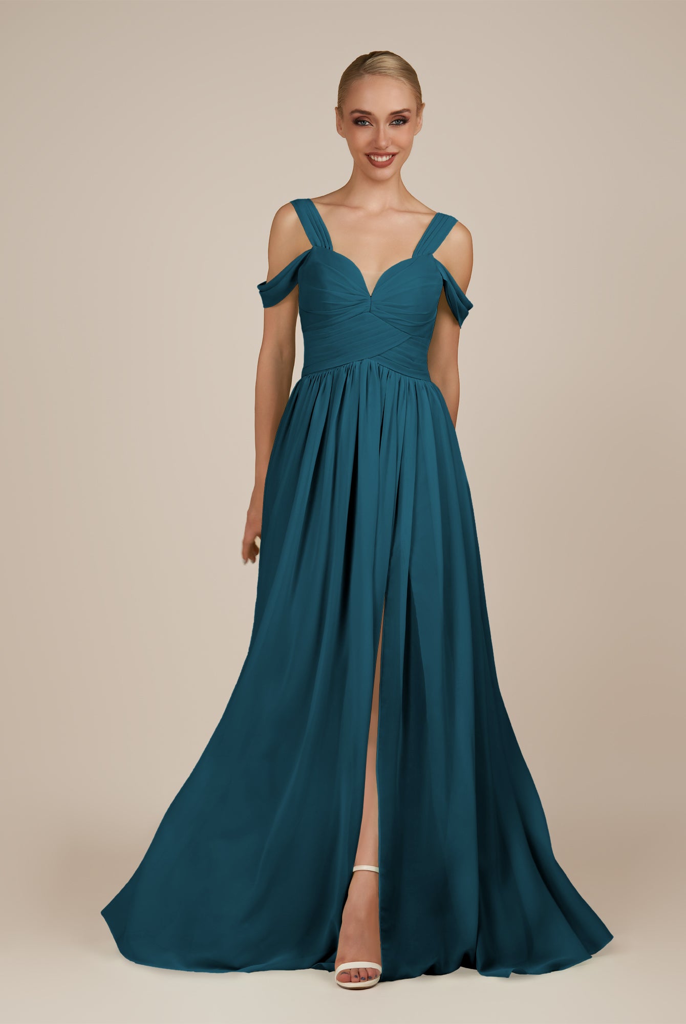 KissDress-Faye Dark Teal A Line Chiffon Off the Shoulder Pleated Long Bridesmaid Dress with Slit
