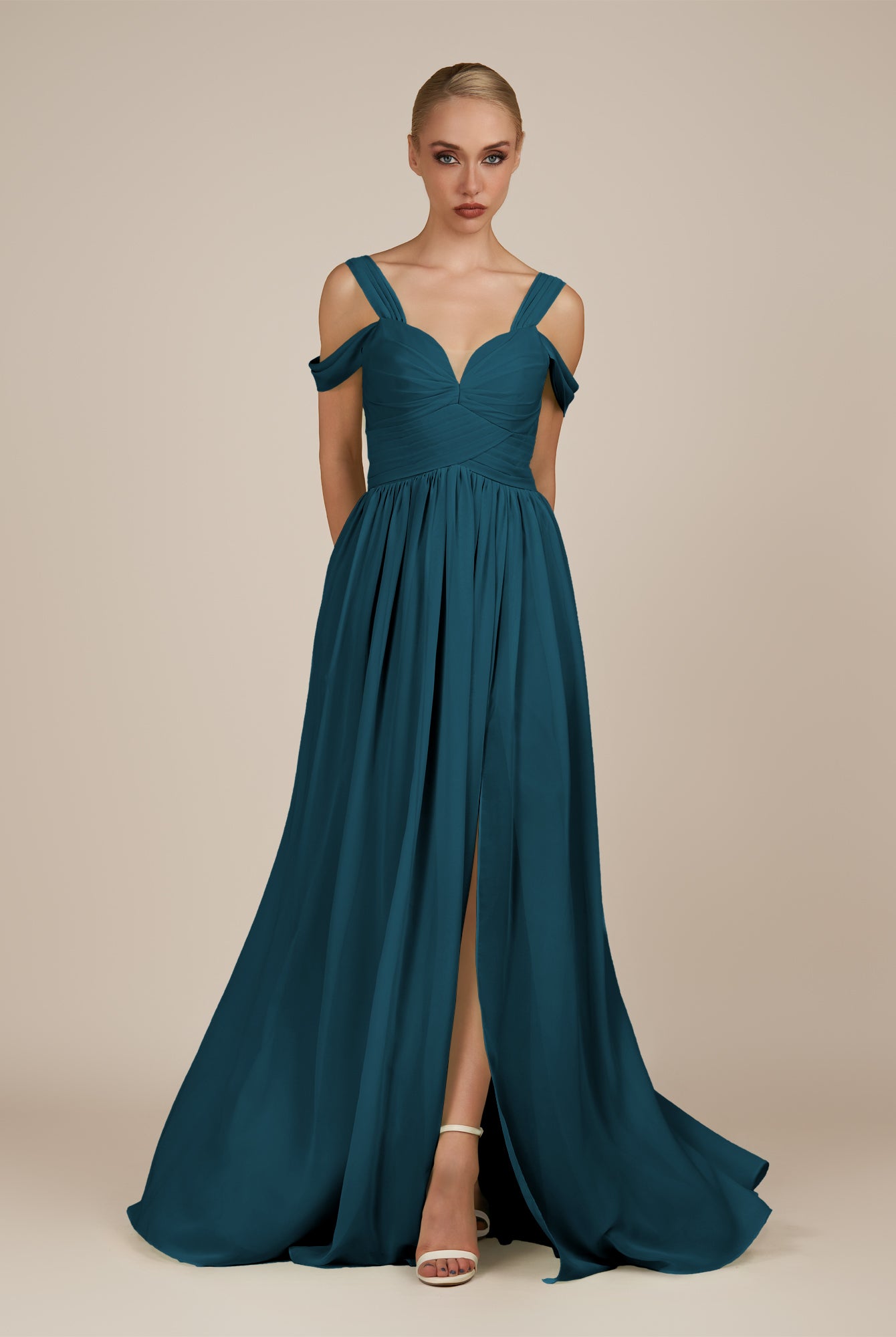 KissDress-Faye Dark Teal A Line Chiffon Off the Shoulder Pleated Long Bridesmaid Dress with Slit