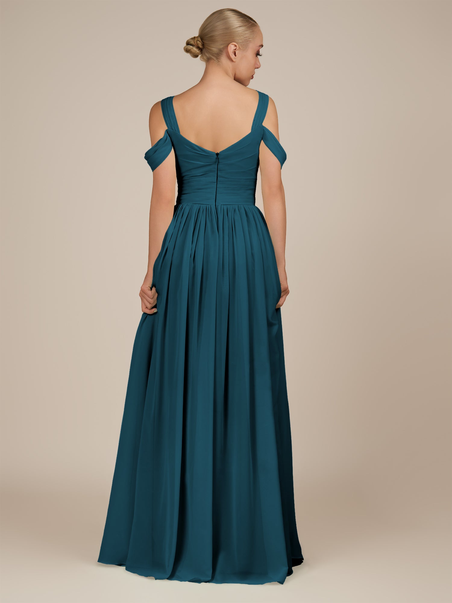 KissDress-Faye Dark Teal A Line Chiffon Off the Shoulder Pleated Long Bridesmaid Dress with Slit