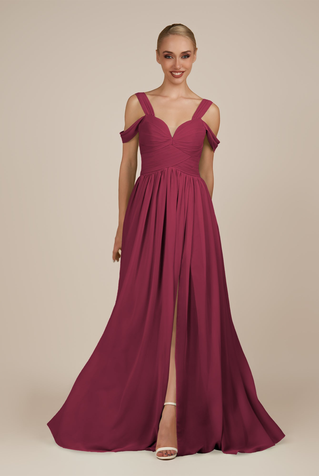 KissDress-Faye Desert Rose A Line Chiffon Off the Shoulder Pleated Long Bridesmaid Dress with Slit