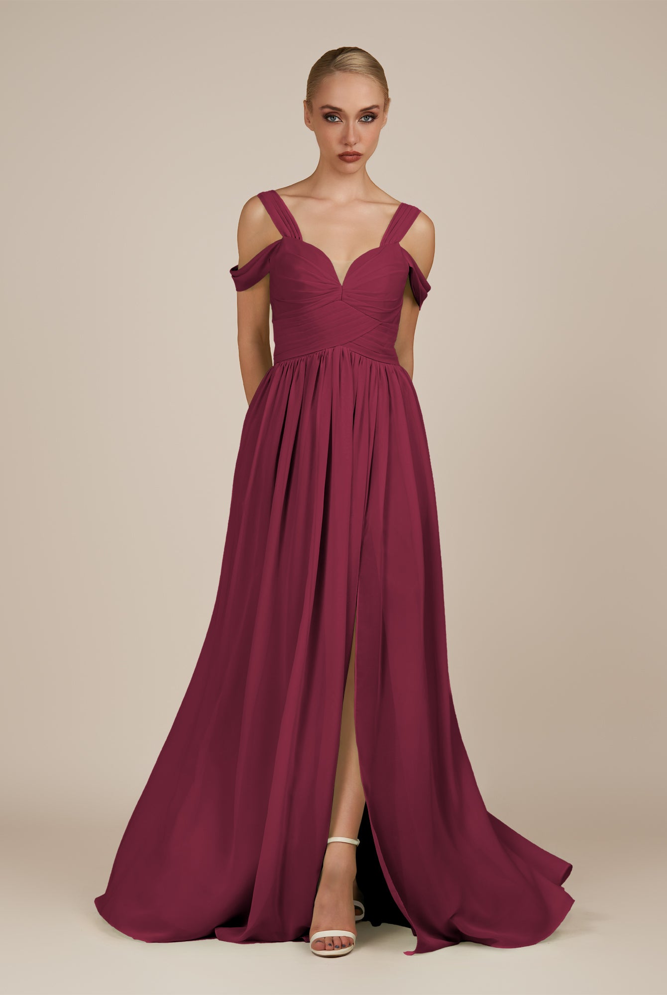 KissDress-Faye Desert Rose A Line Chiffon Off the Shoulder Pleated Long Bridesmaid Dress with Slit