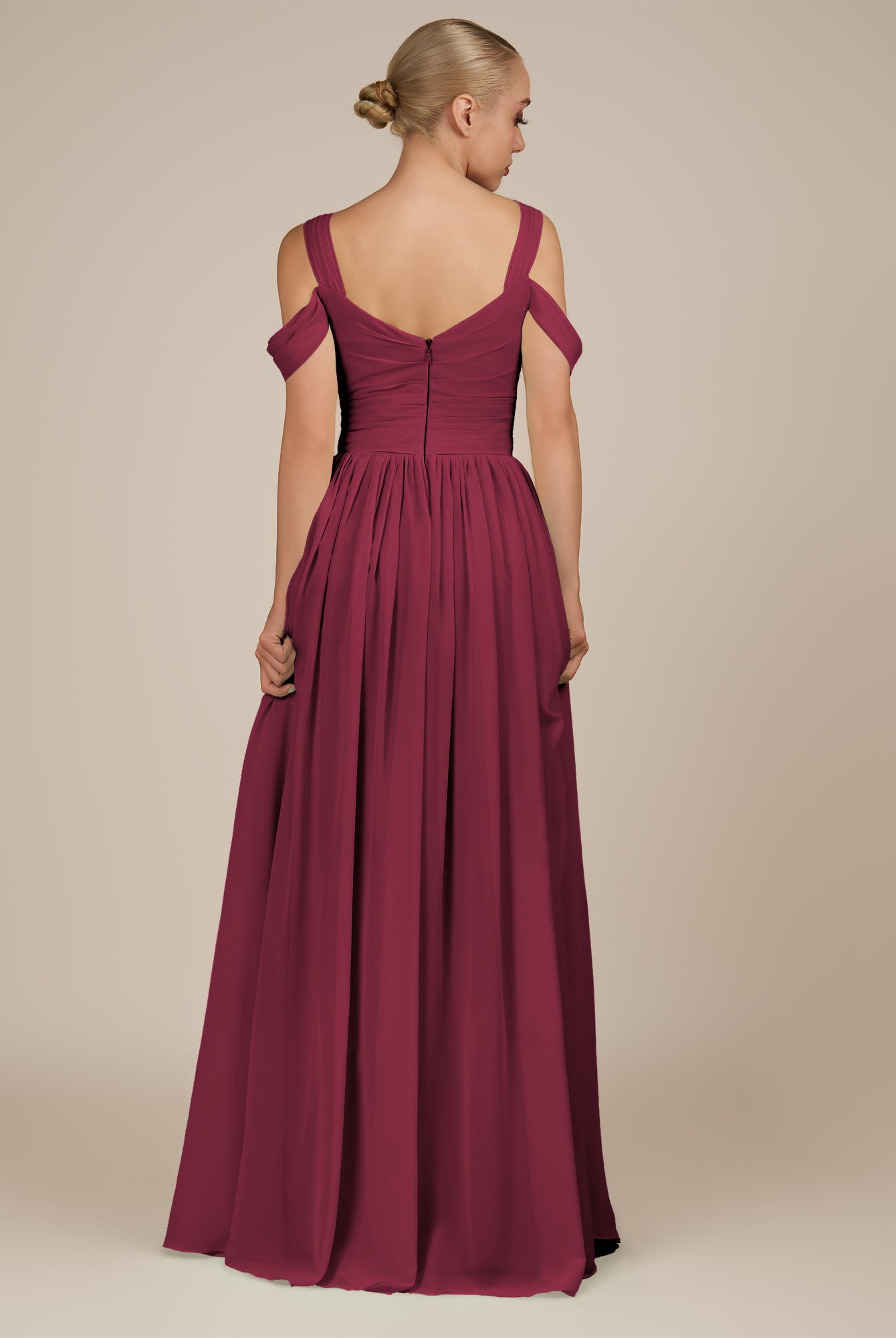 KissDress-Faye Desert Rose A Line Chiffon Off the Shoulder Pleated Long Bridesmaid Dress with Slit