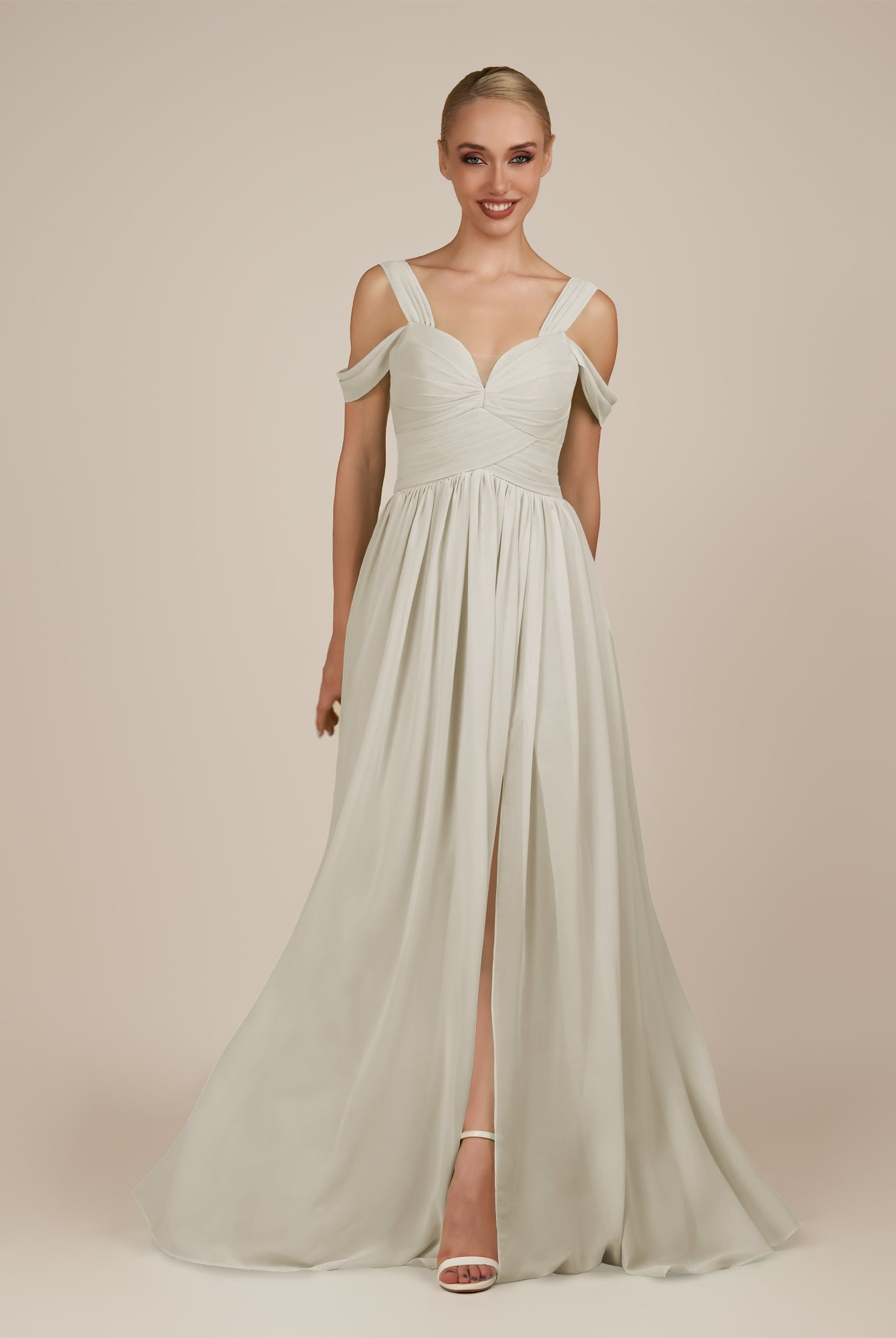 KissDress-Faye Dove Gray A Line Chiffon Off the Shoulder Pleated Long Bridesmaid Dress with Slit