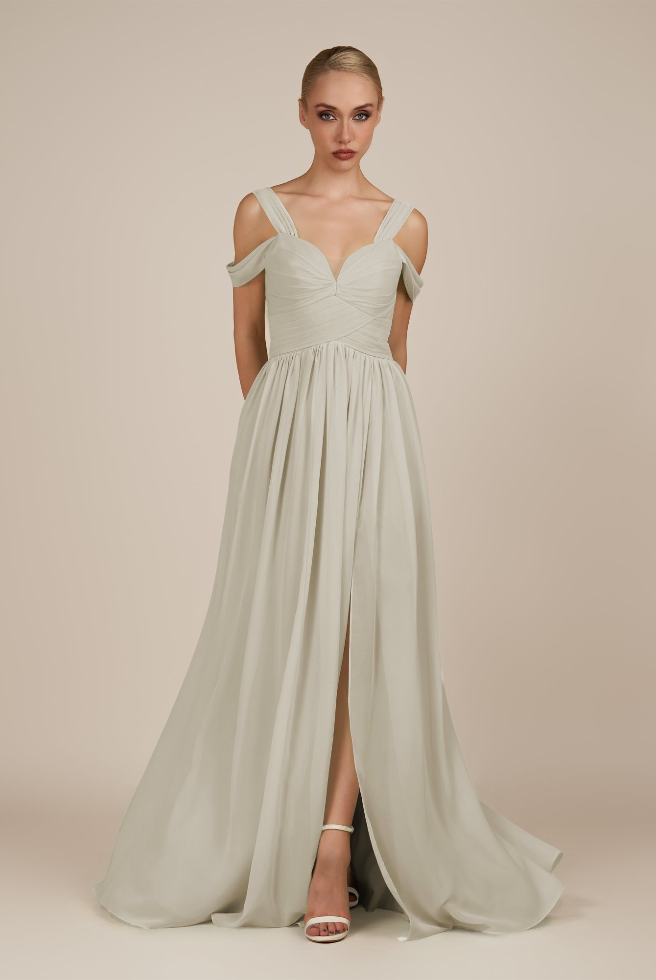 KissDress-Faye Dove Gray A Line Chiffon Off the Shoulder Pleated Long Bridesmaid Dress with Slit