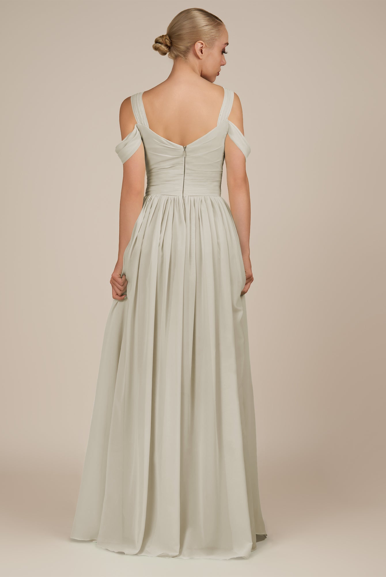KissDress-Faye Dove Gray A Line Chiffon Off the Shoulder Pleated Long Bridesmaid Dress with Slit