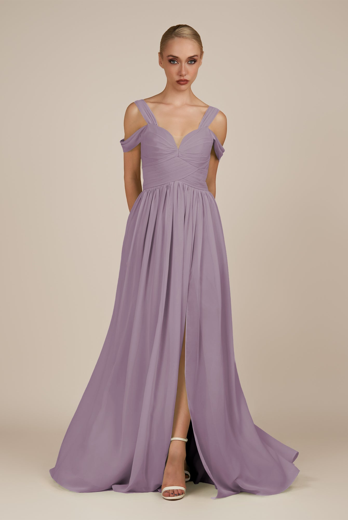 KissDress-Faye Dusk A Line Chiffon Off the Shoulder Pleated Long Bridesmaid Dress with Slit