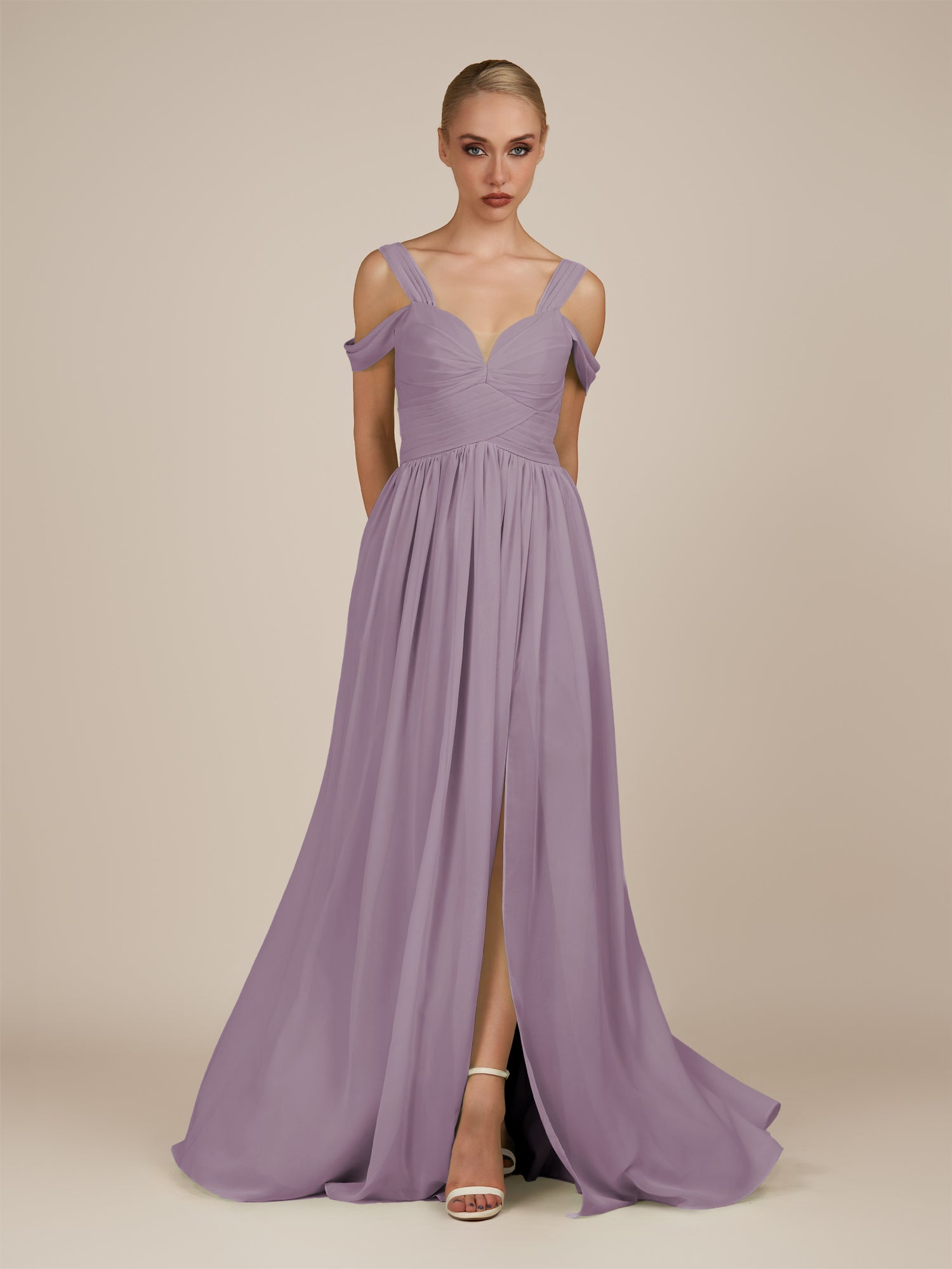 KissDress-Faye Dusk A Line Chiffon Off the Shoulder Pleated Long Bridesmaid Dress with Slit