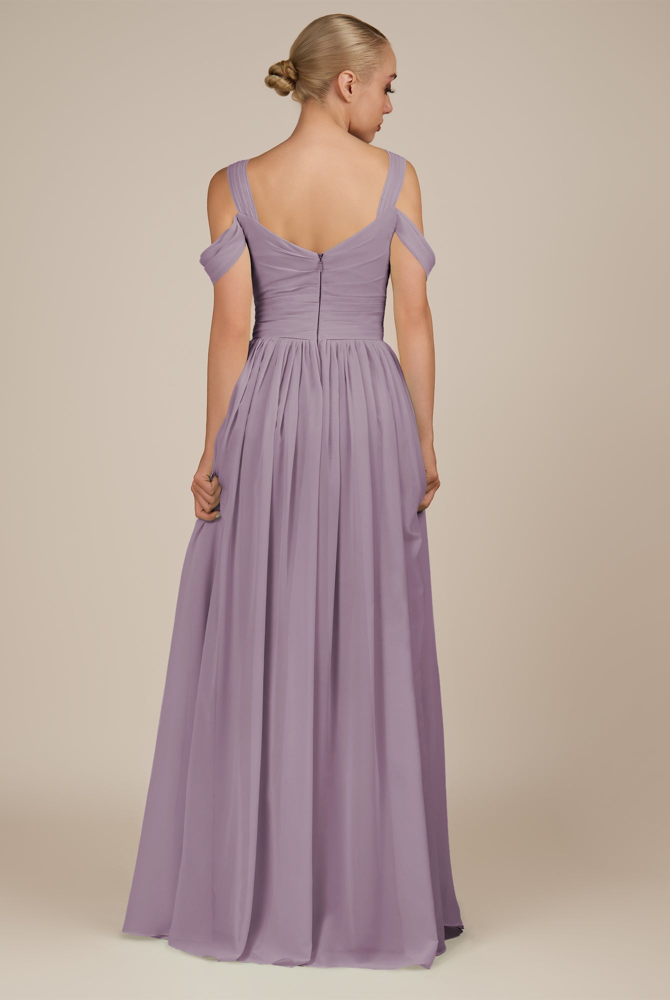 KissDress-Faye Dusk A Line Chiffon Off the Shoulder Pleated Long Bridesmaid Dress with Slit
