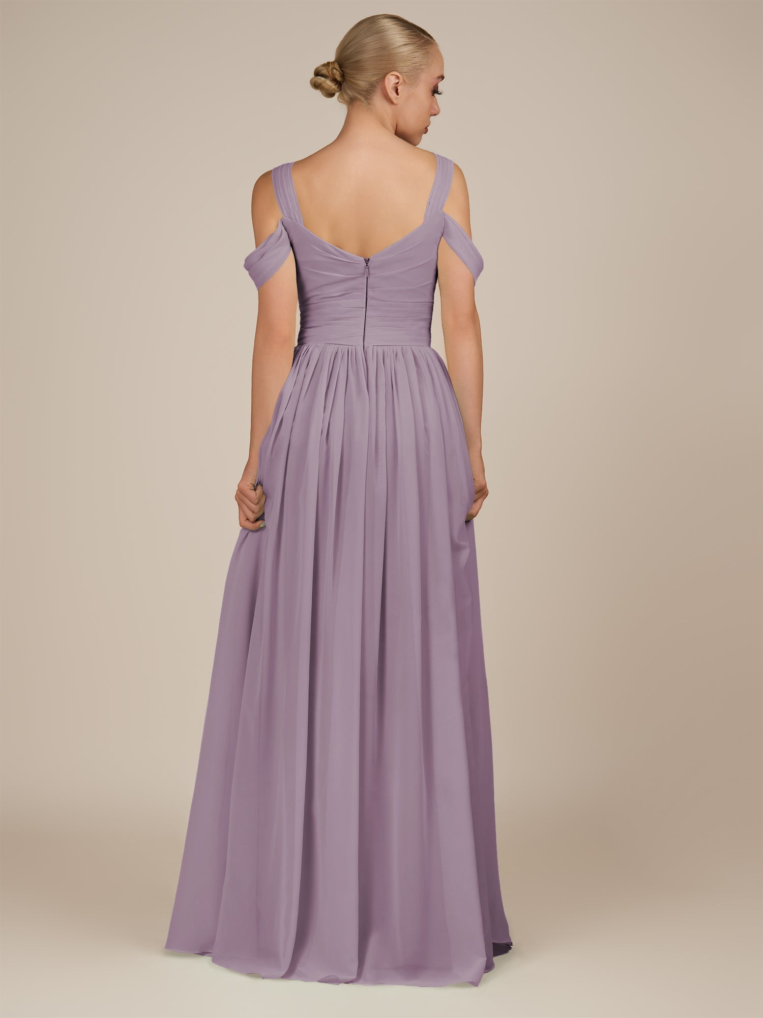 KissDress-Faye Dusk A Line Chiffon Off the Shoulder Pleated Long Bridesmaid Dress with Slit