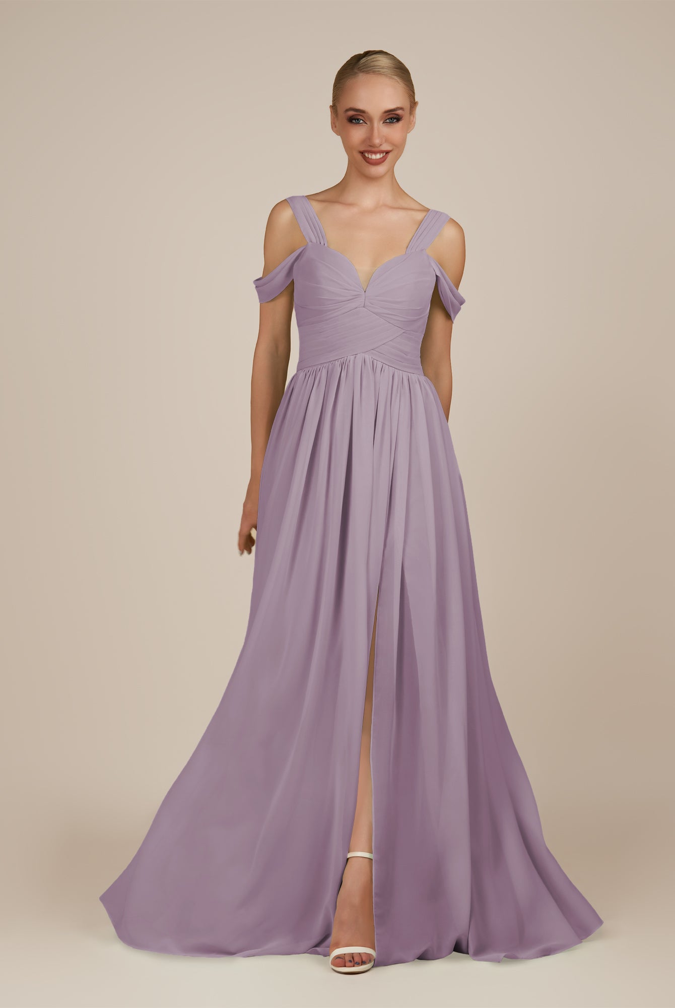 KissDress-Faye Dusk A Line Chiffon Off the Shoulder Pleated Long Bridesmaid Dress with Slit