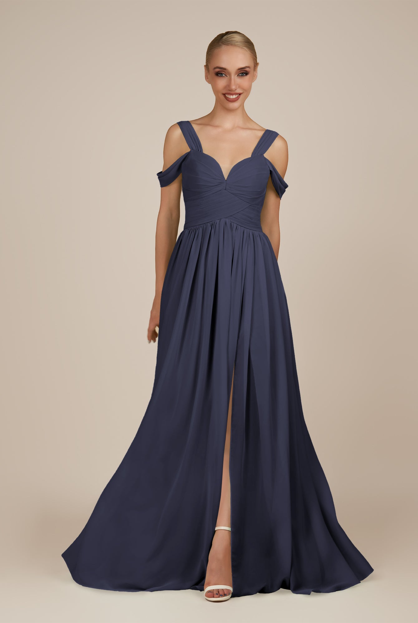 KissDress-Faye Dusk Blue A Line Chiffon Off the Shoulder Pleated Long Bridesmaid Dress with Slit