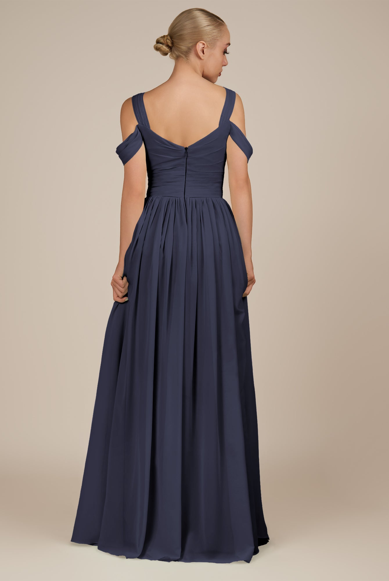 KissDress-Faye Dusk Blue A Line Chiffon Off the Shoulder Pleated Long Bridesmaid Dress with Slit