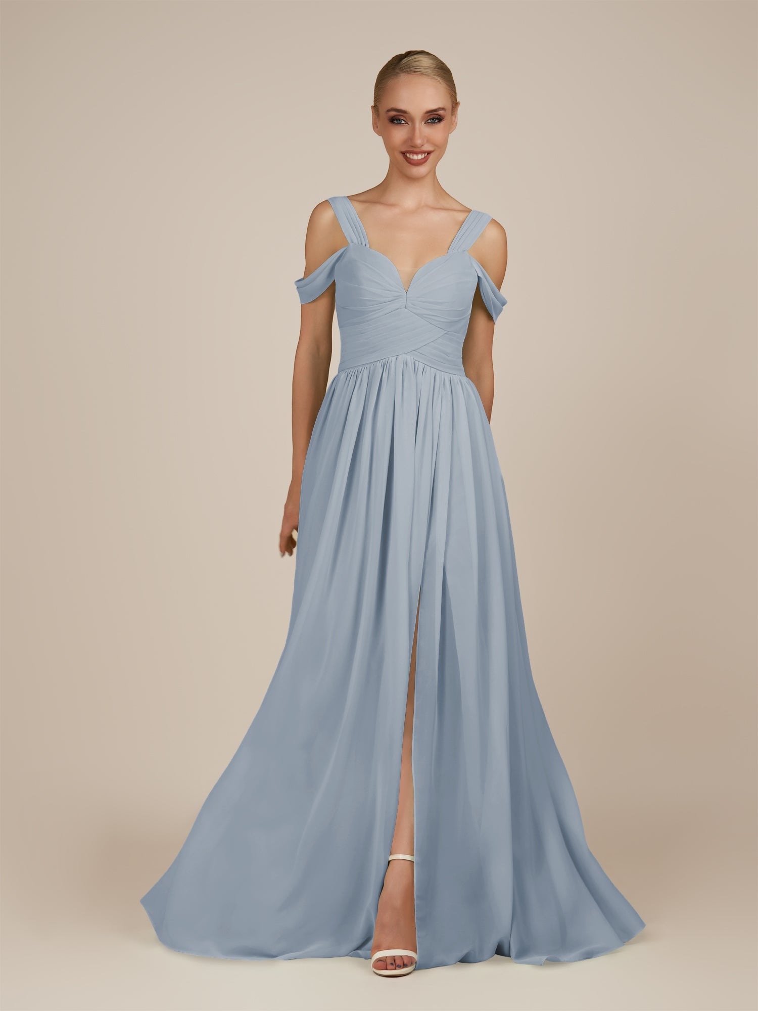 KissDress-Faye Dusty Blue A Line Chiffon Off the Shoulder Pleated Long Bridesmaid Dress with Slit