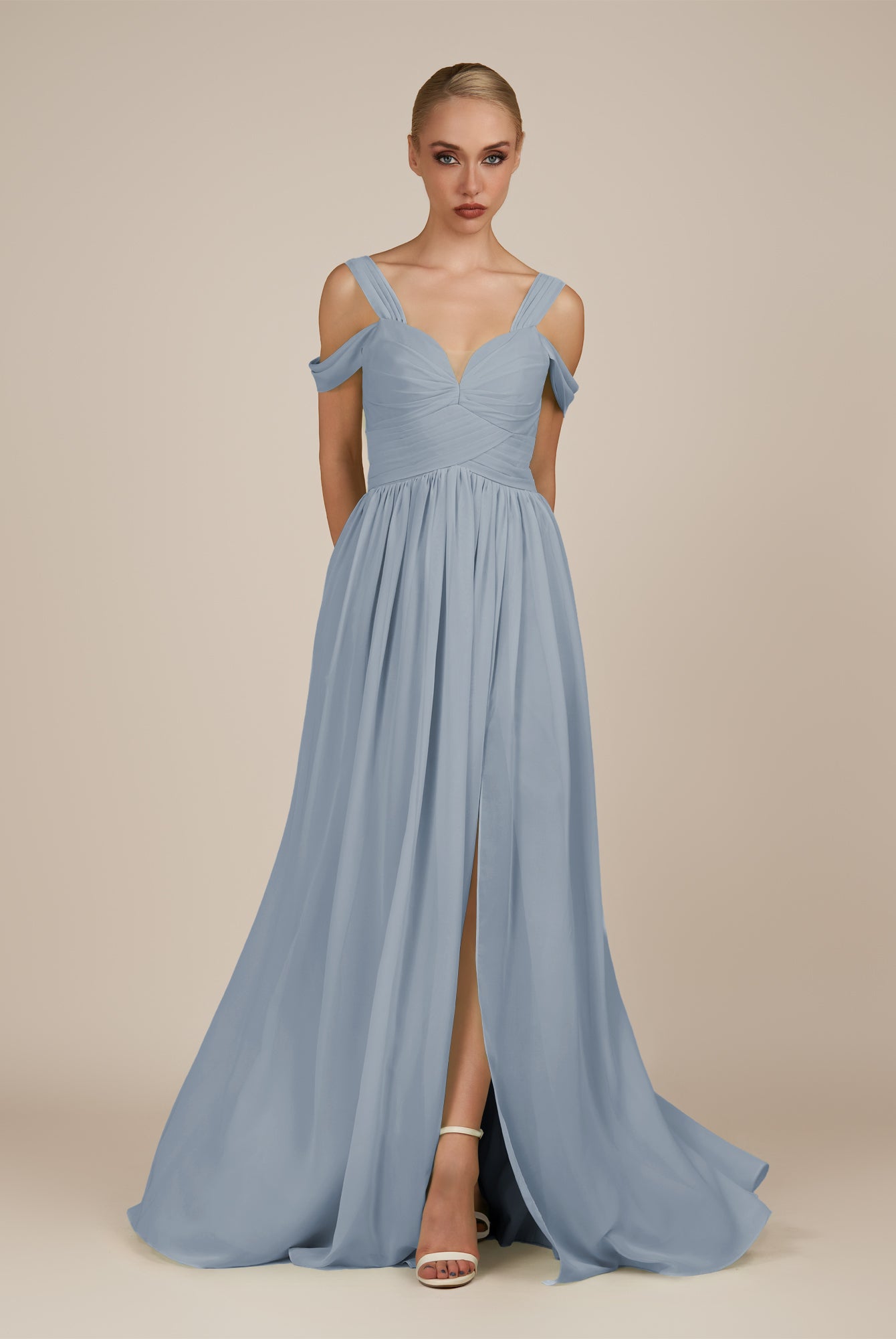 KissDress-Faye Dusty Blue A Line Chiffon Off the Shoulder Pleated Long Bridesmaid Dress with Slit
