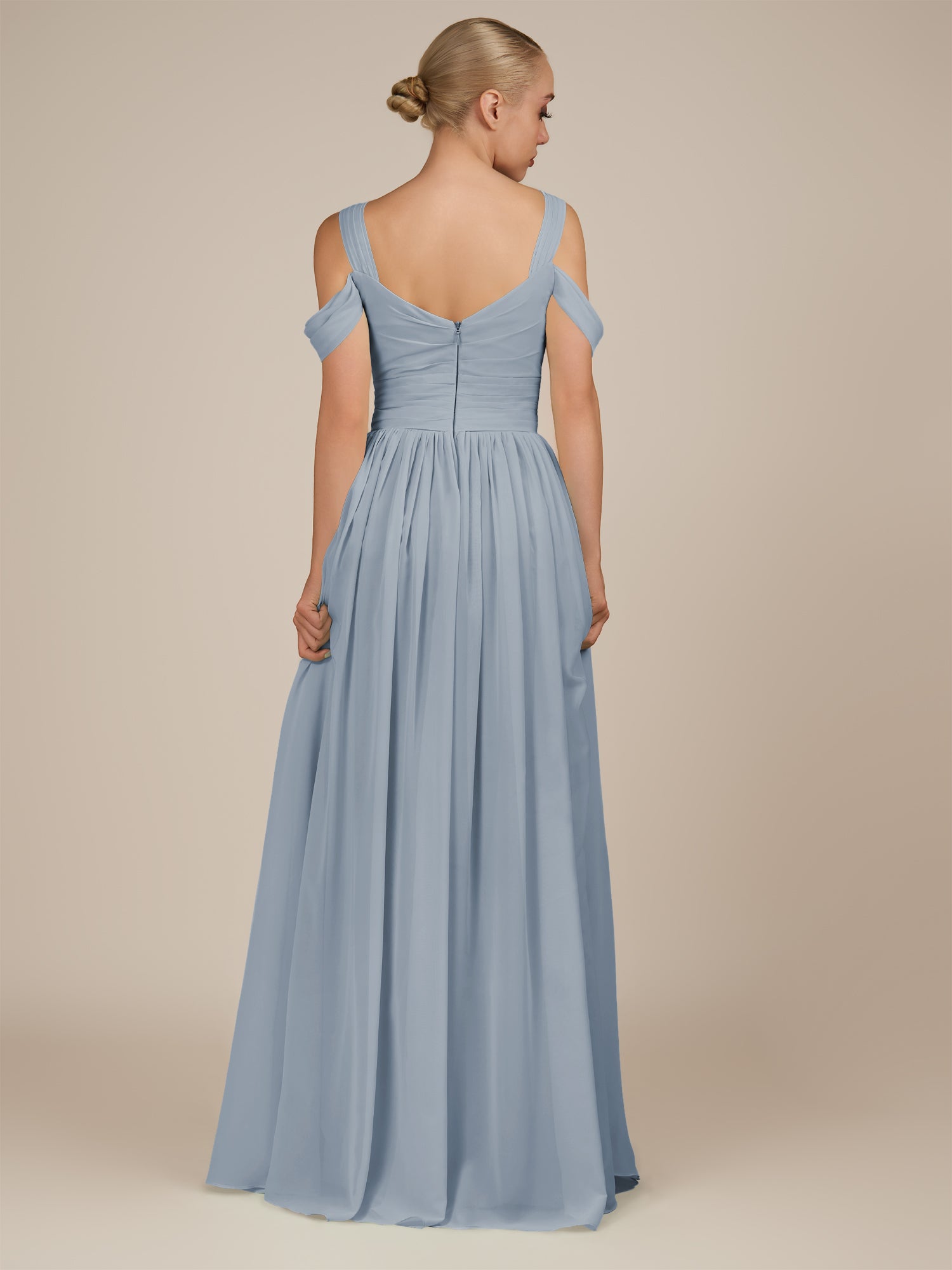 KissDress-Faye Dusty Blue A Line Chiffon Off the Shoulder Pleated Long Bridesmaid Dress with Slit