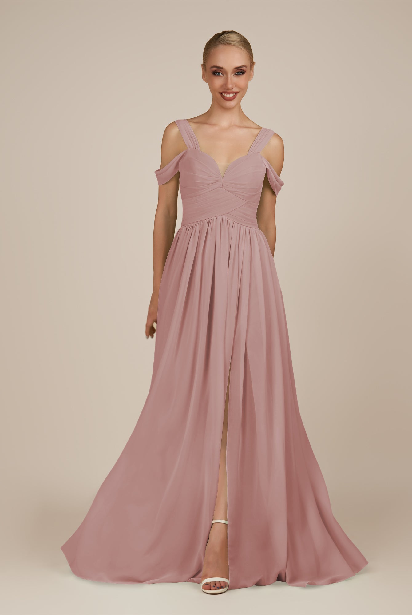 KissDress-Faye Dusty Rose A Line Chiffon Off the Shoulder Pleated Long Bridesmaid Dress with Slit