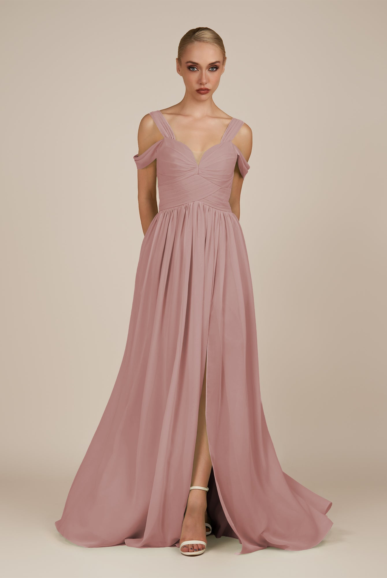 KissDress-Faye Dusty Rose A Line Chiffon Off the Shoulder Pleated Long Bridesmaid Dress with Slit