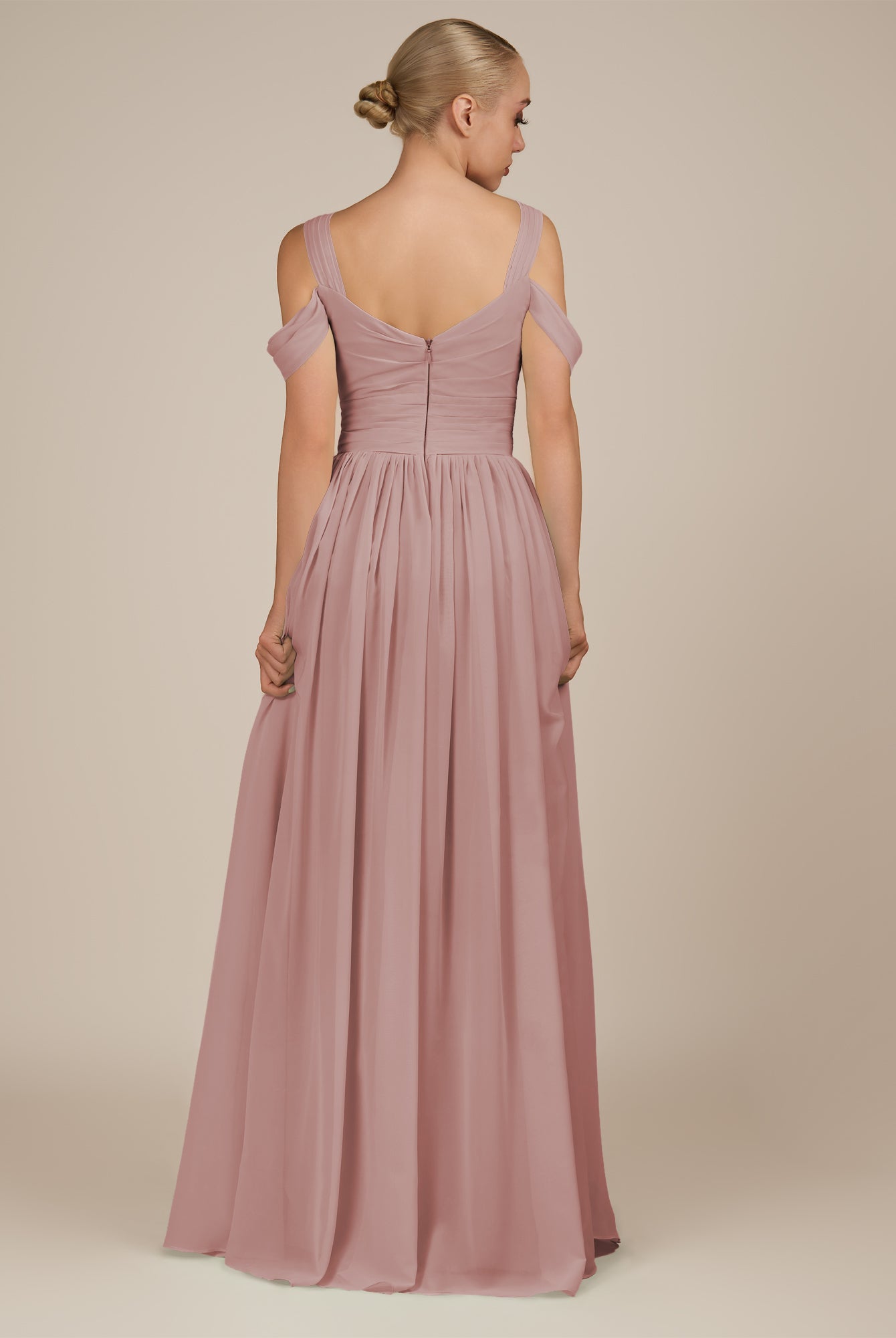 KissDress-Faye Dusty Rose A Line Chiffon Off the Shoulder Pleated Long Bridesmaid Dress with Slit