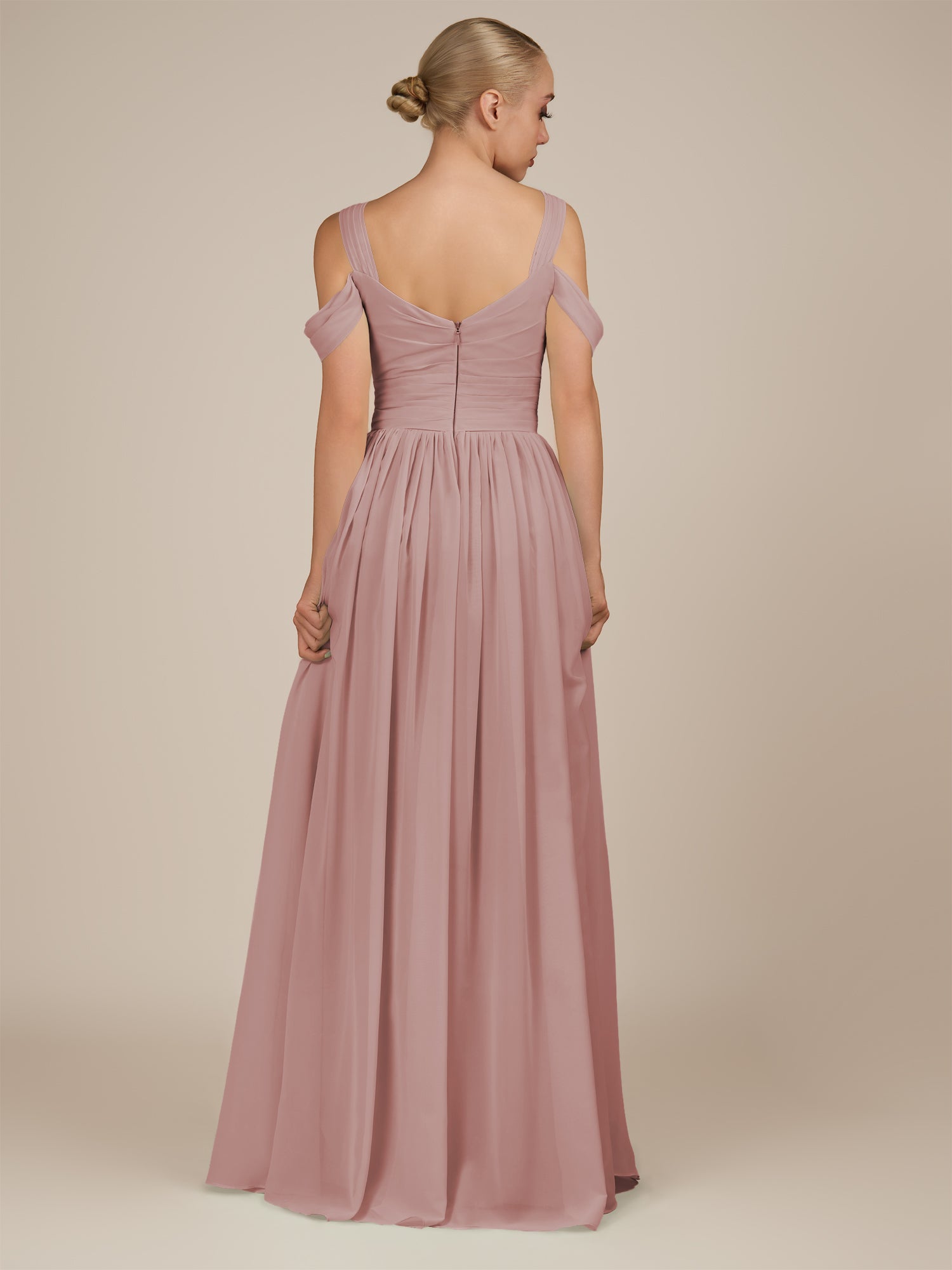 KissDress-Faye Dusty Rose A Line Chiffon Off the Shoulder Pleated Long Bridesmaid Dress with Slit
