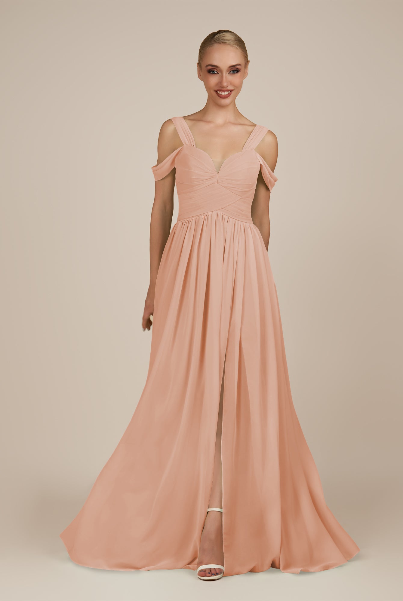 KissDress-Faye English Rose A Line Chiffon Off the Shoulder Pleated Long Bridesmaid Dress with Slit
