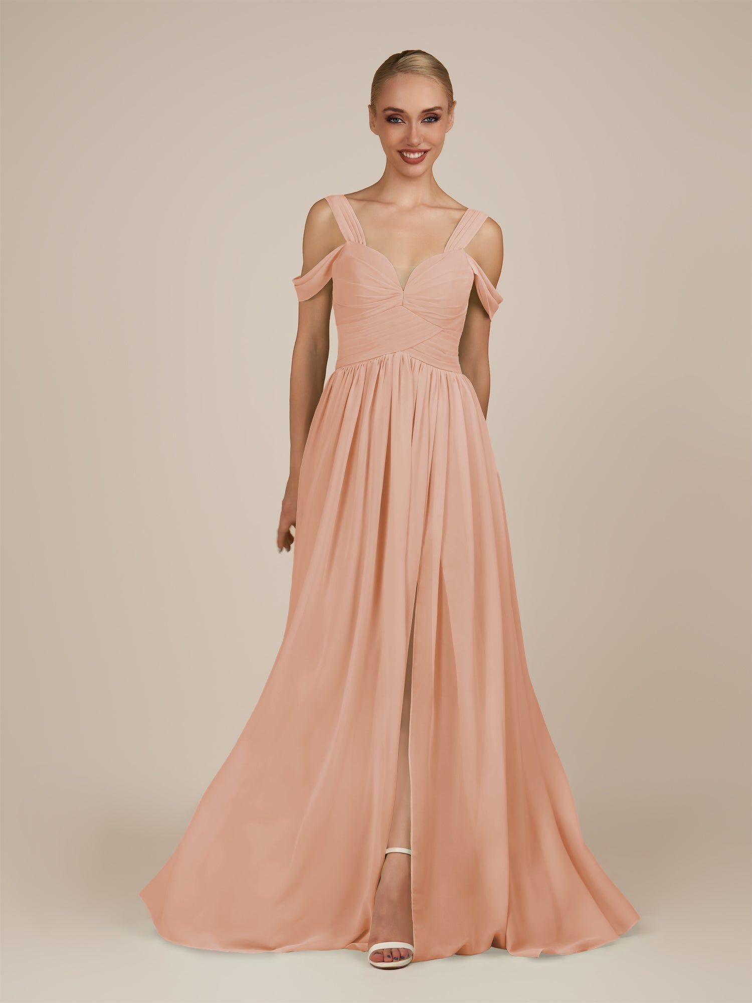 KissDress-Faye English Rose A Line Chiffon Off the Shoulder Pleated Long Bridesmaid Dress with Slit