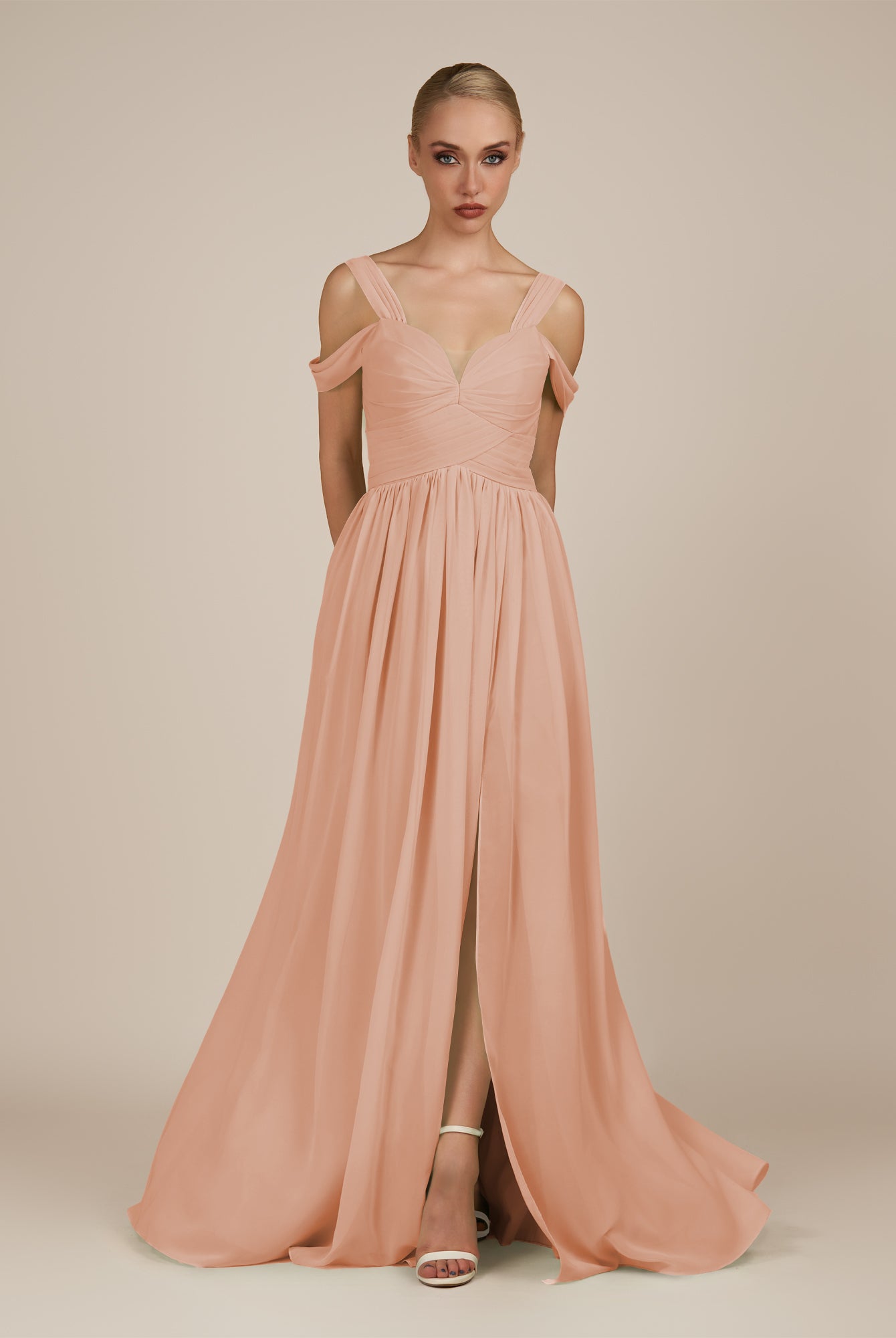 KissDress-Faye English Rose A Line Chiffon Off the Shoulder Pleated Long Bridesmaid Dress with Slit