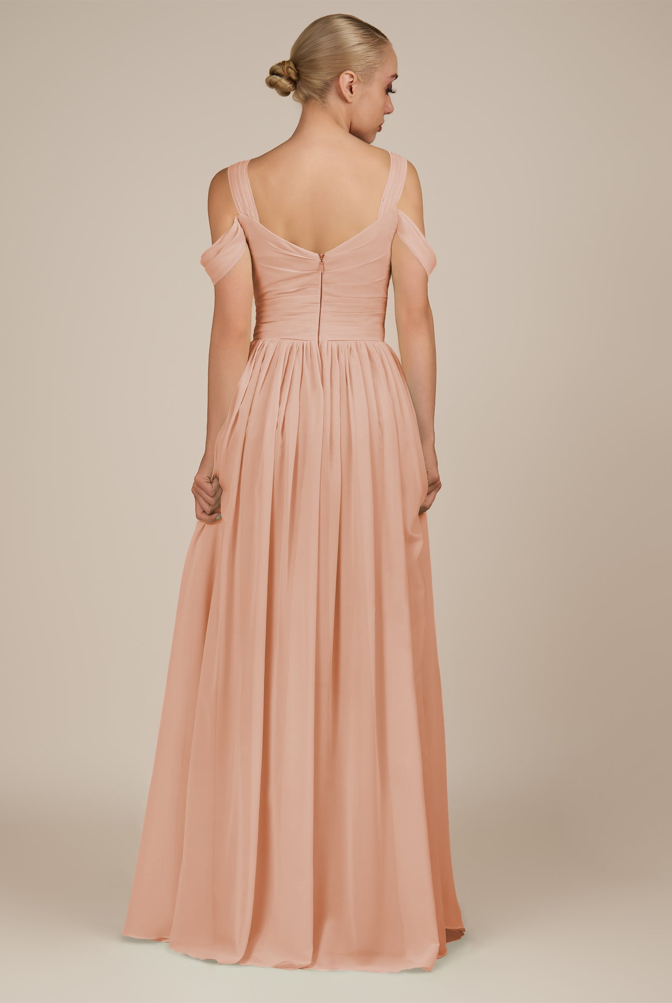 KissDress-Faye English Rose A Line Chiffon Off the Shoulder Pleated Long Bridesmaid Dress with Slit