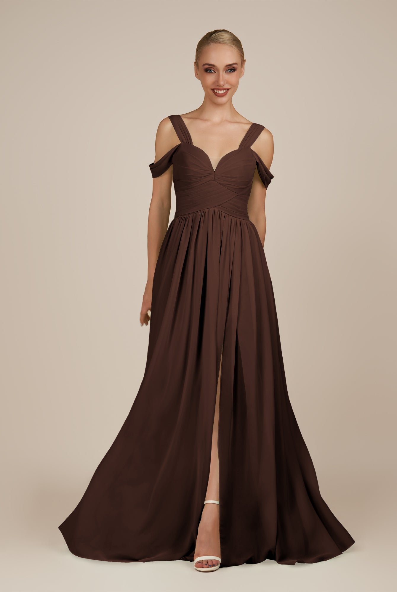 KissDress-Faye Espresso A Line Chiffon Off the Shoulder Pleated Long Bridesmaid Dress with Slit