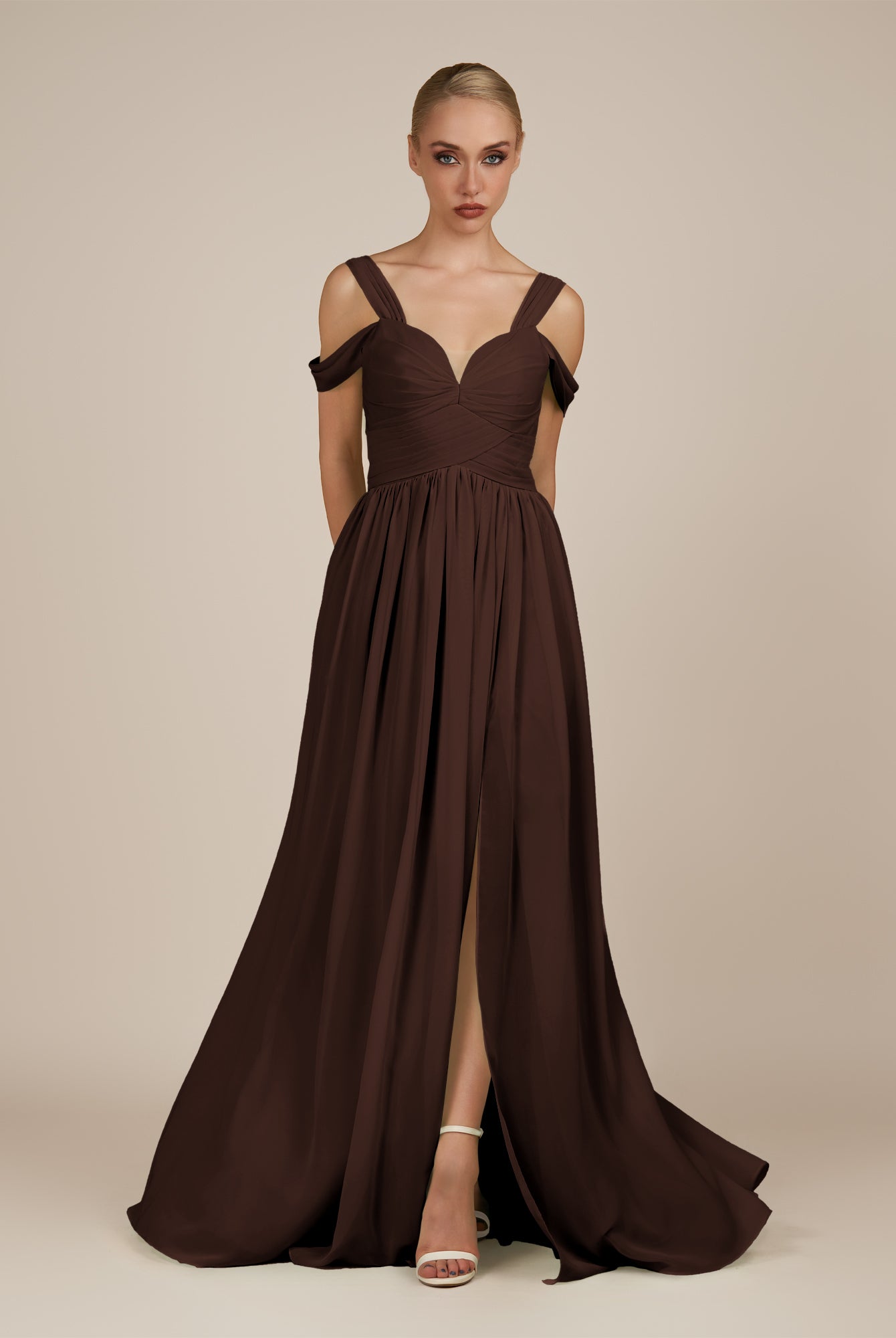 KissDress-Faye Espresso A Line Chiffon Off the Shoulder Pleated Long Bridesmaid Dress with Slit