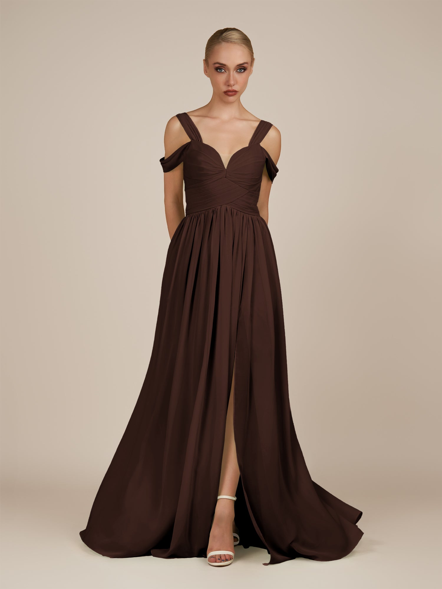 KissDress-Faye Espresso A Line Chiffon Off the Shoulder Pleated Long Bridesmaid Dress with Slit