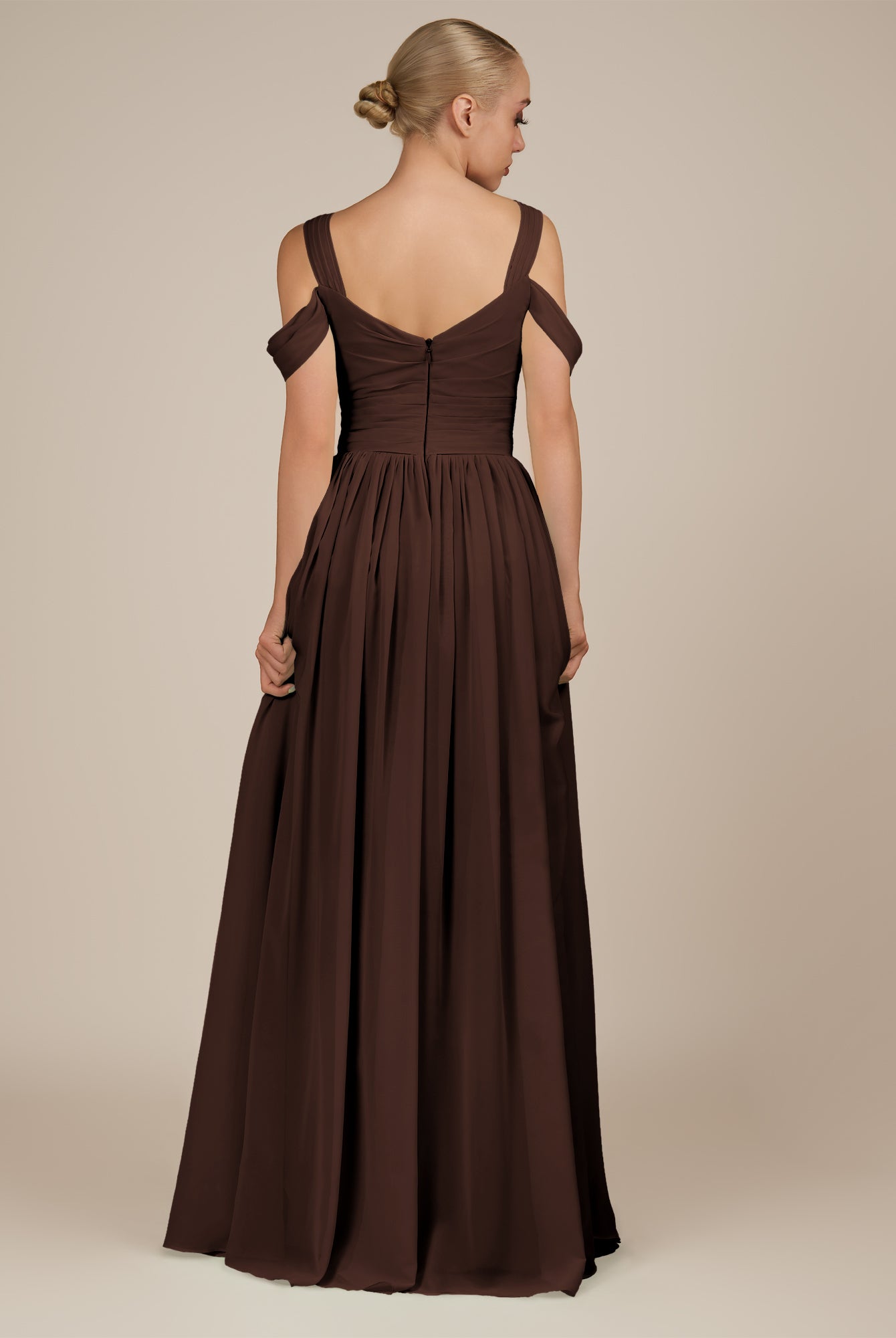 KissDress-Faye Espresso A Line Chiffon Off the Shoulder Pleated Long Bridesmaid Dress with Slit