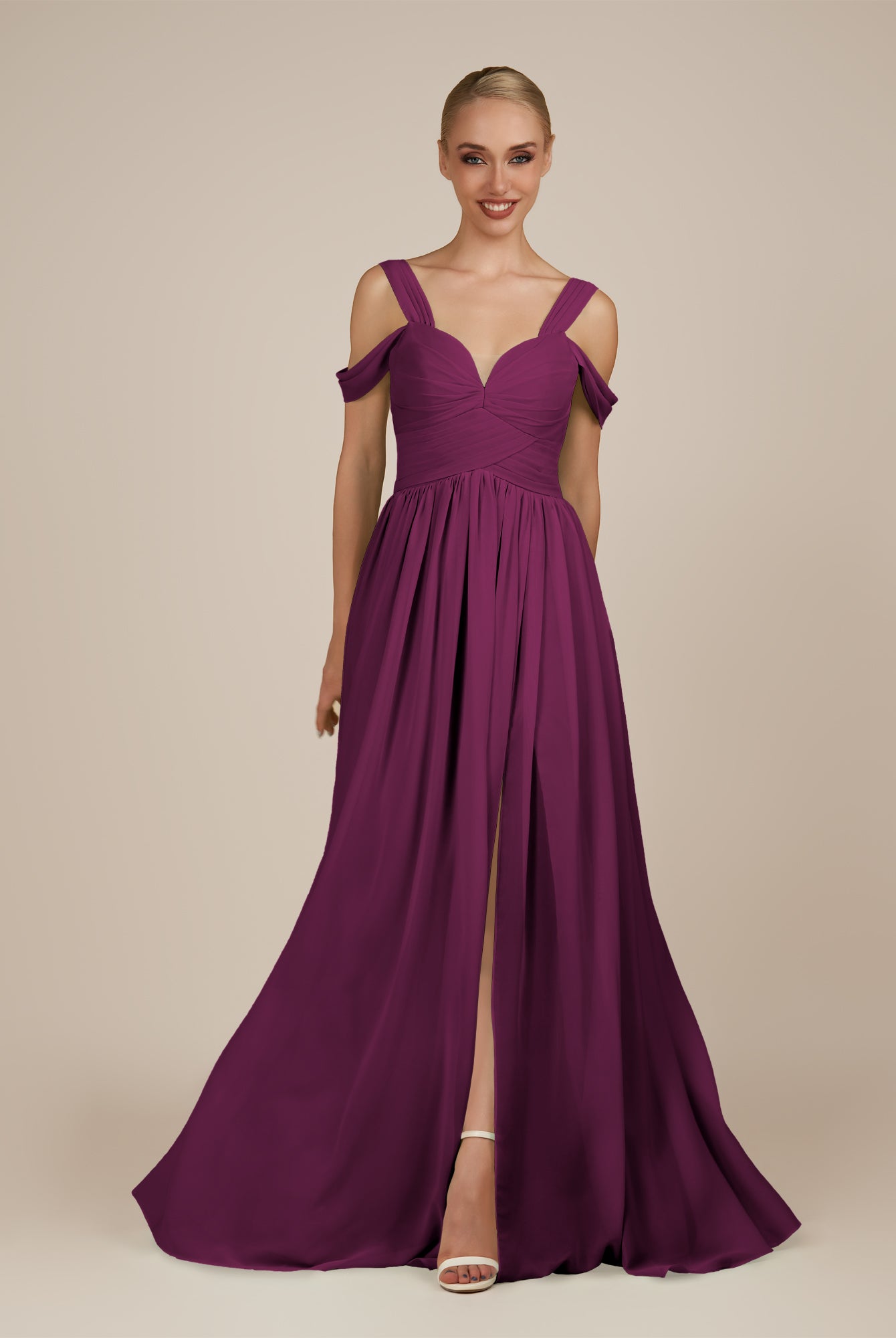 KissDress-Faye Fig A Line Chiffon Off the Shoulder Pleated Long Bridesmaid Dress with Slit