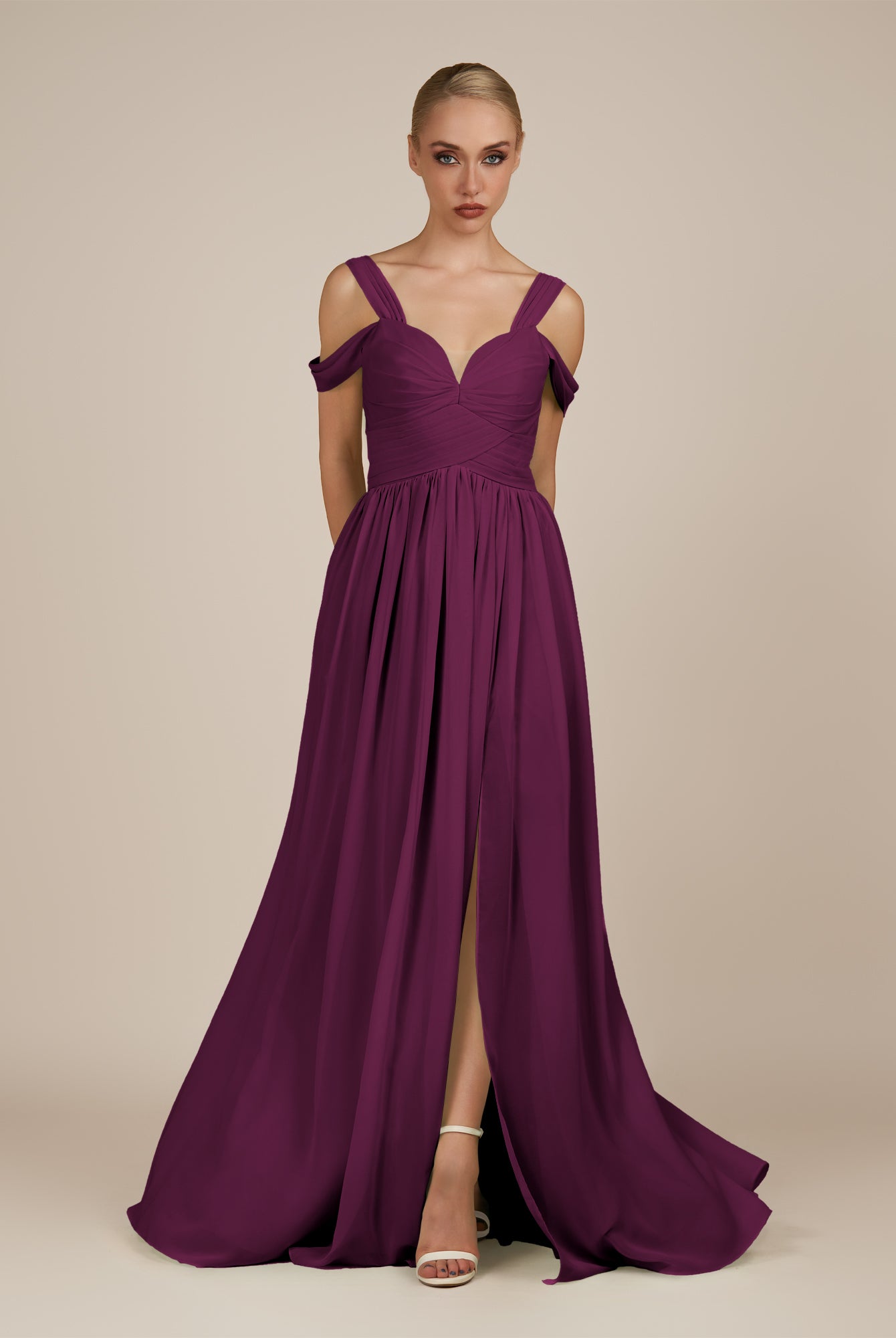 KissDress-Faye Fig A Line Chiffon Off the Shoulder Pleated Long Bridesmaid Dress with Slit