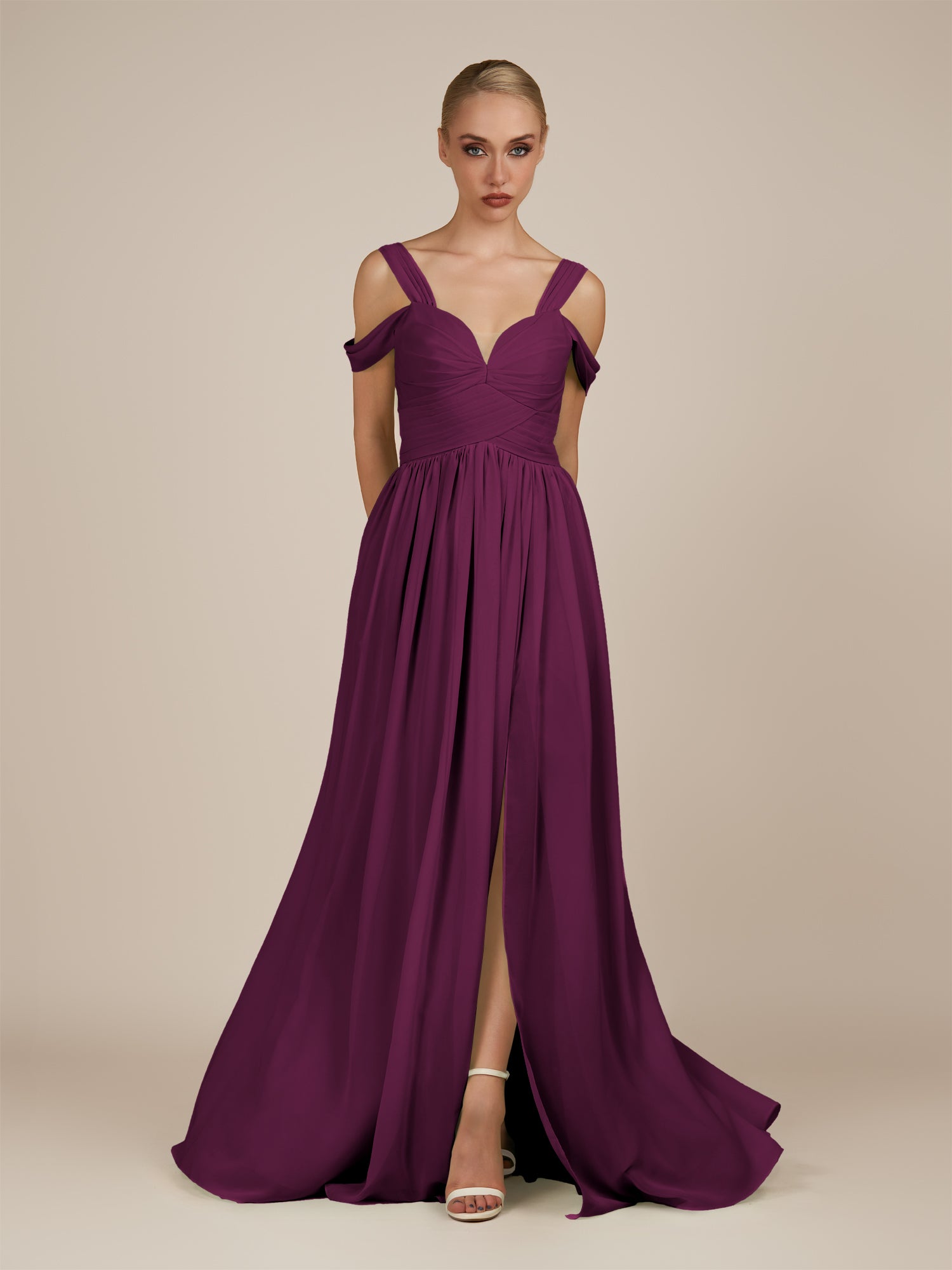 KissDress-Faye Fig A Line Chiffon Off the Shoulder Pleated Long Bridesmaid Dress with Slit