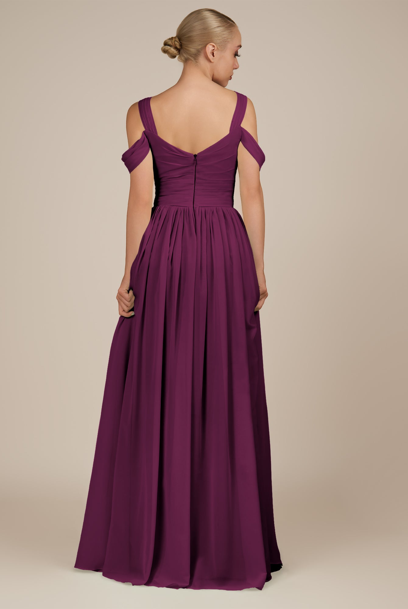 KissDress-Faye Fig A Line Chiffon Off the Shoulder Pleated Long Bridesmaid Dress with Slit