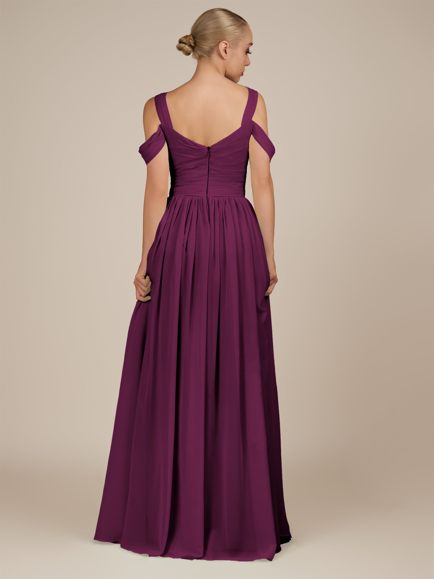 KissDress-Faye Fig A Line Chiffon Off the Shoulder Pleated Long Bridesmaid Dress with Slit