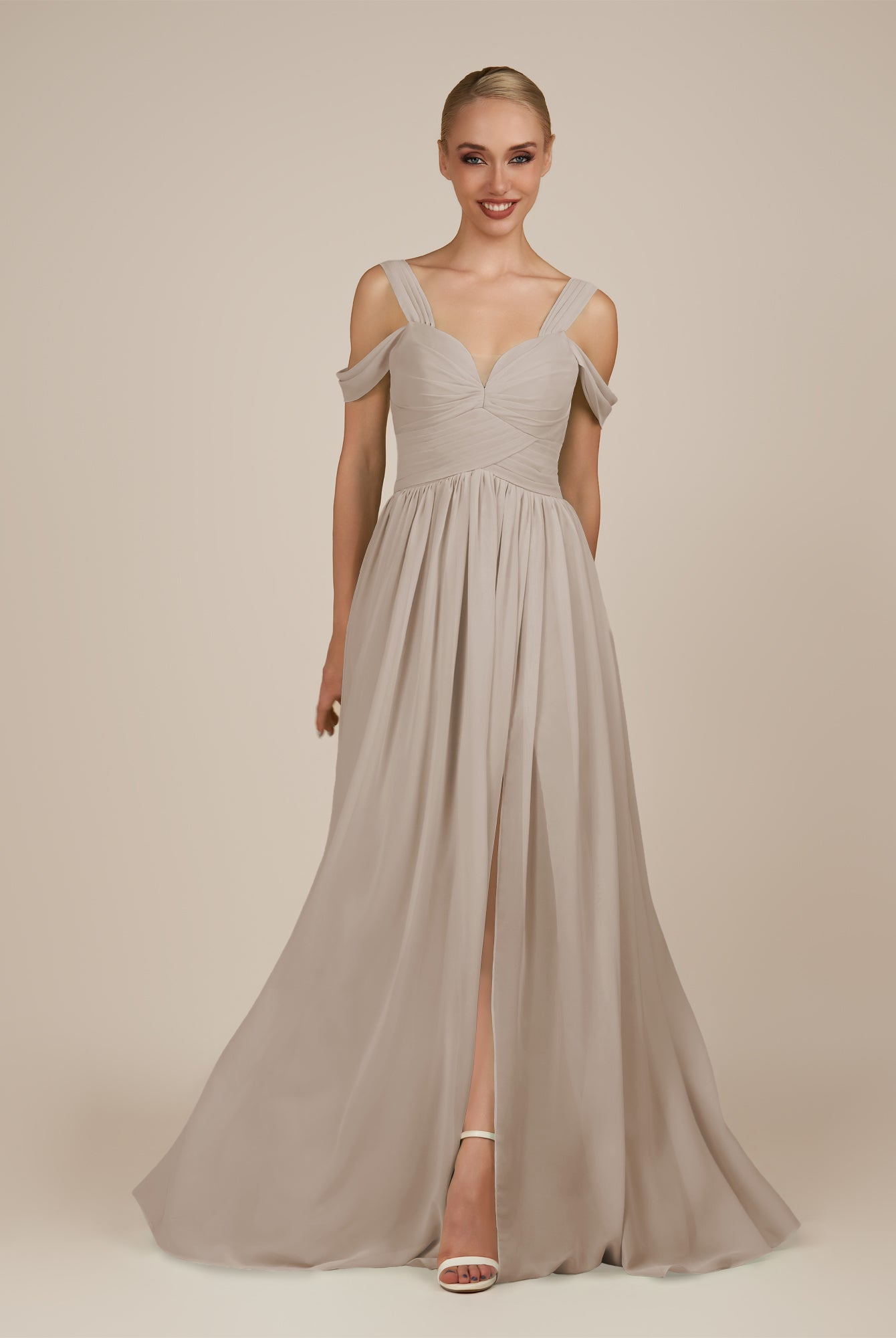 KissDress-Faye Frost A Line Chiffon Off the Shoulder Pleated Long Bridesmaid Dress with Slit